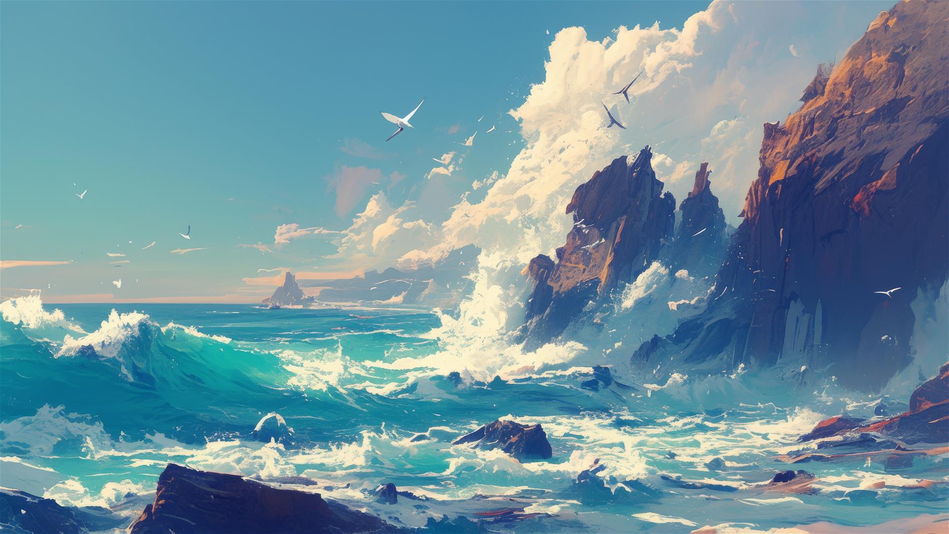 Rocky cliffs with waves crashing and sea spray