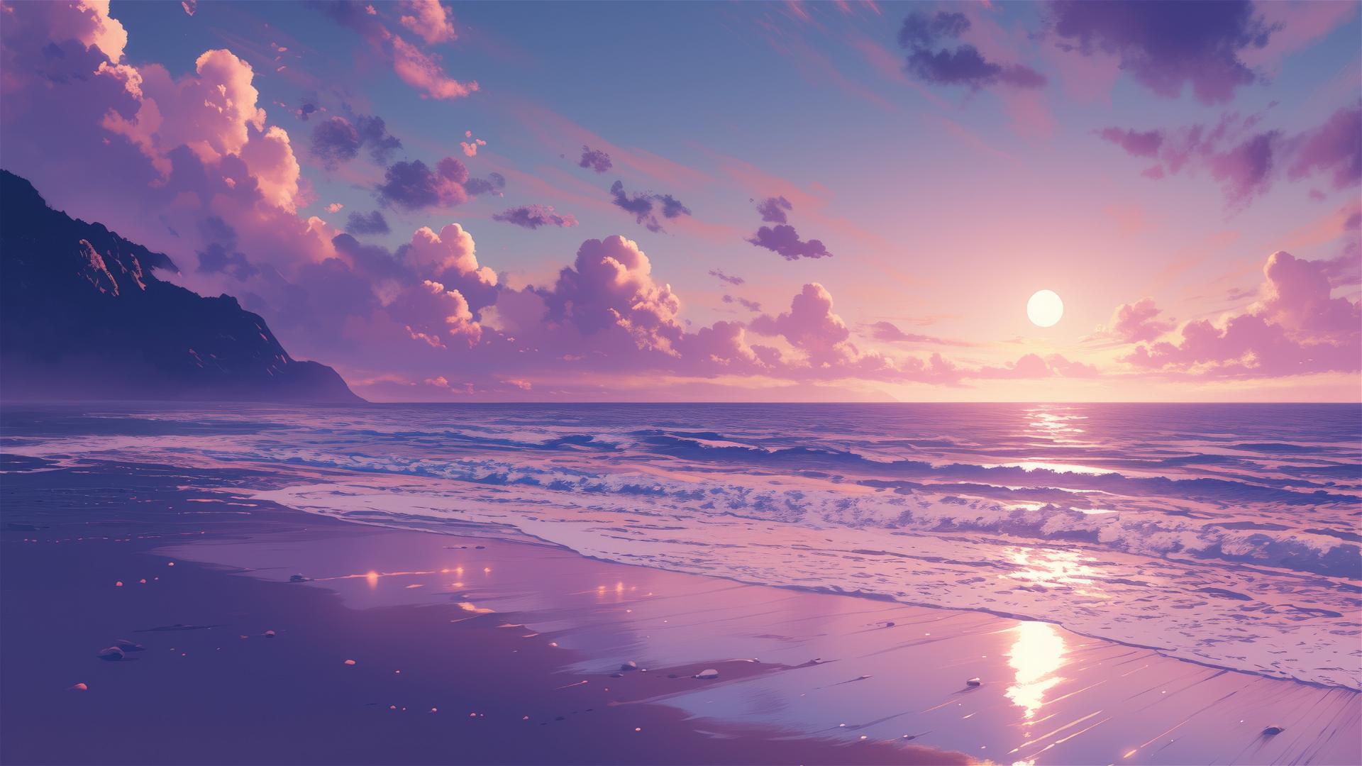Dreamy beach at twilight with pink and purple sky over a calm sea