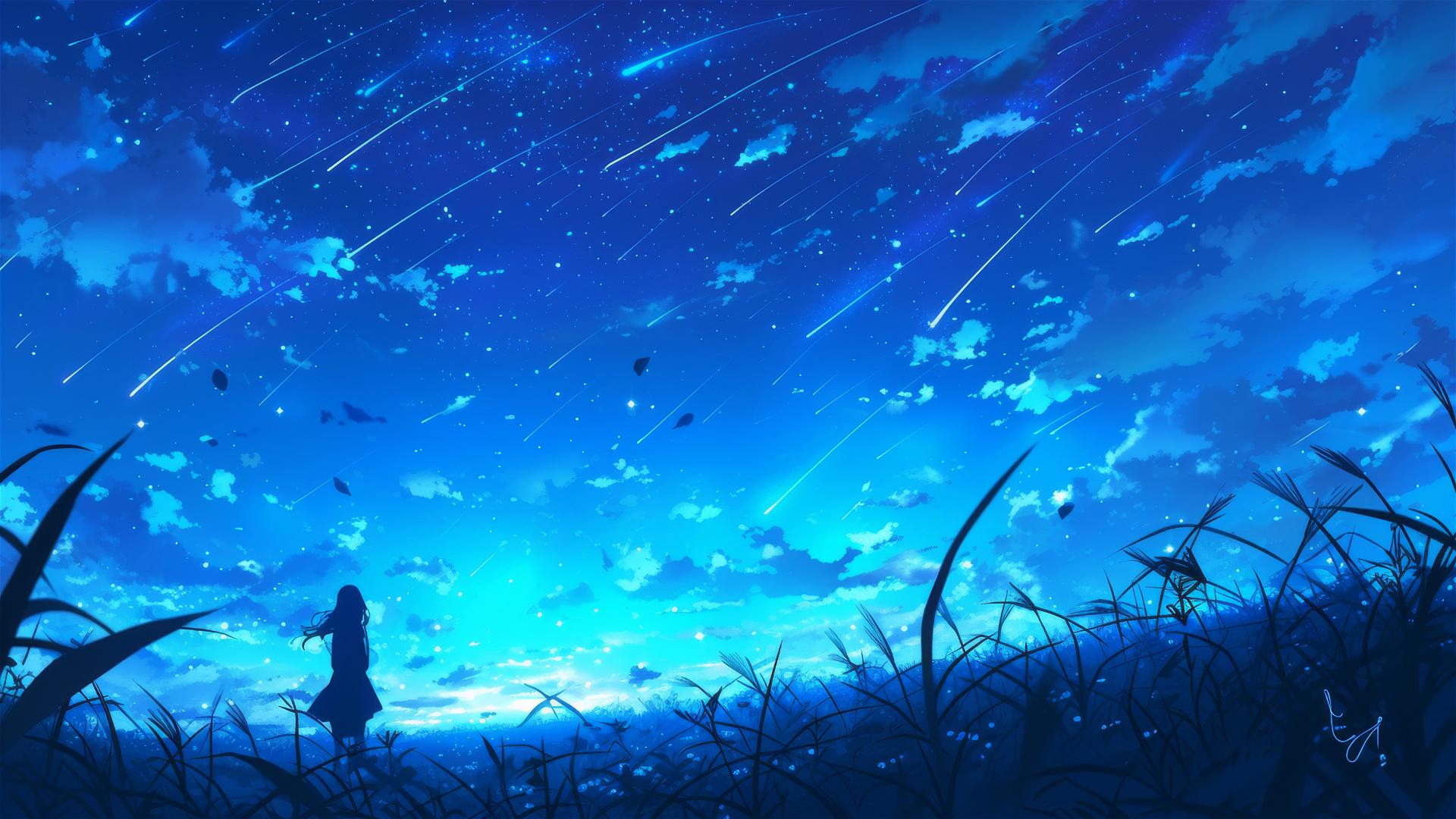 Hilltops under starry sky with shooting star trails and glowing grass