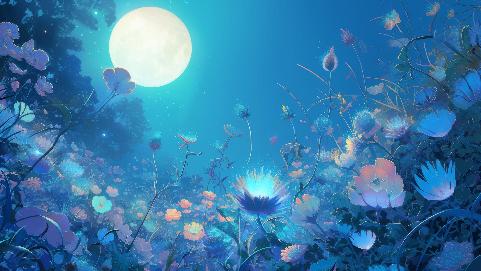 Luminescent flowers blooming at night on a secluded island