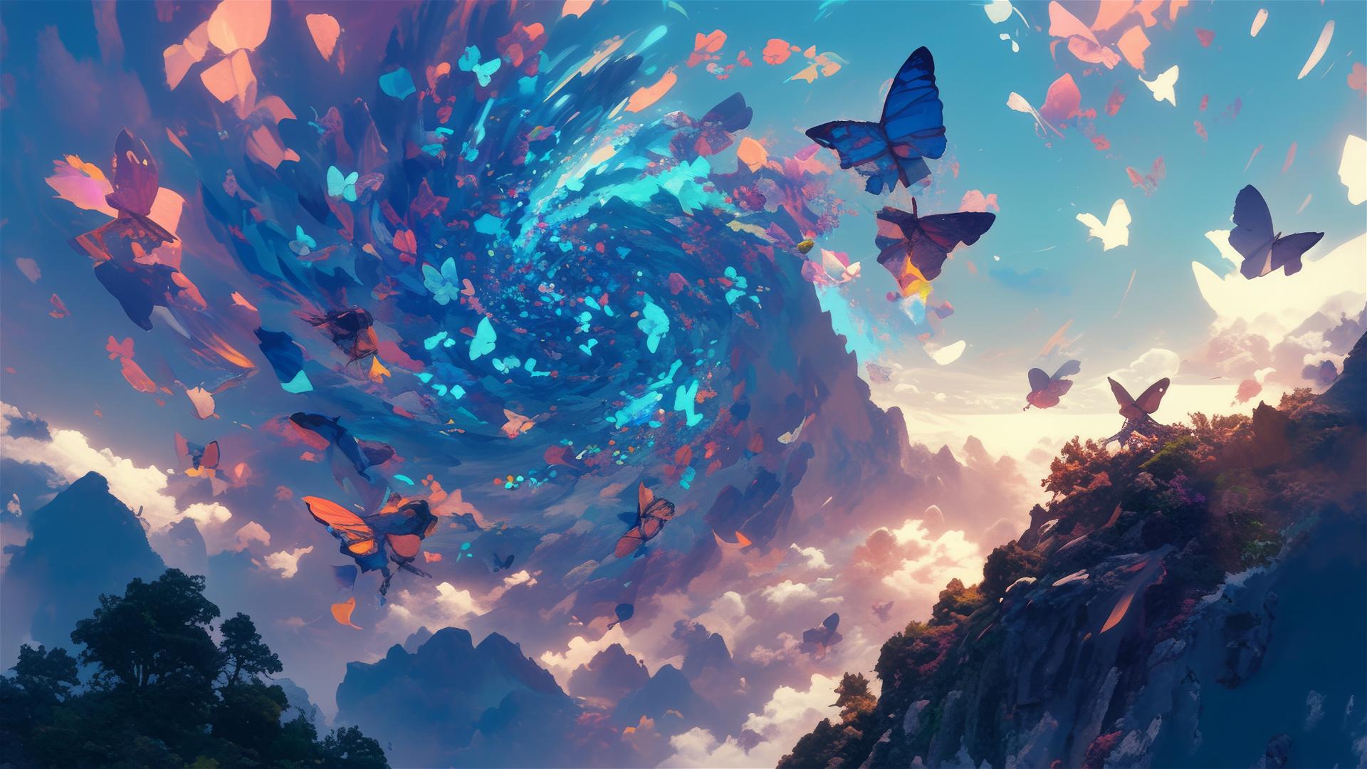 Colorful butterfly vortex in a mountain pass