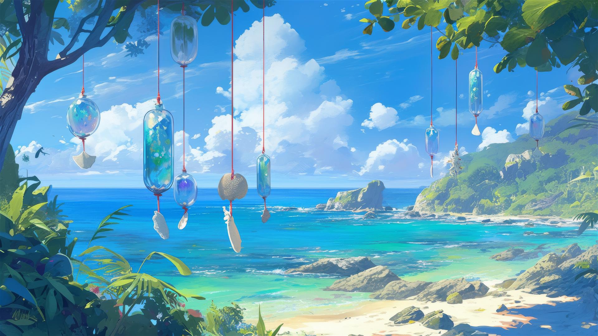 Coral wind chimes on a beach with pieces hanging from trees tinkling in the wind.