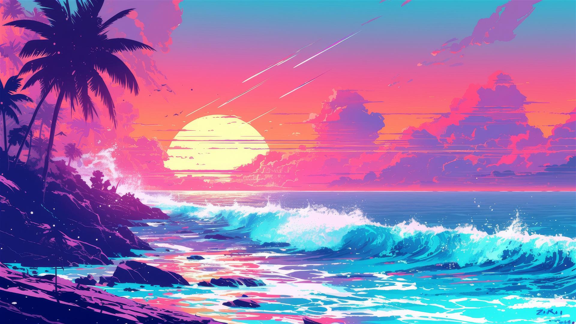 Neon-hued sunset over vaporwave beach with retro-futuristic vibe