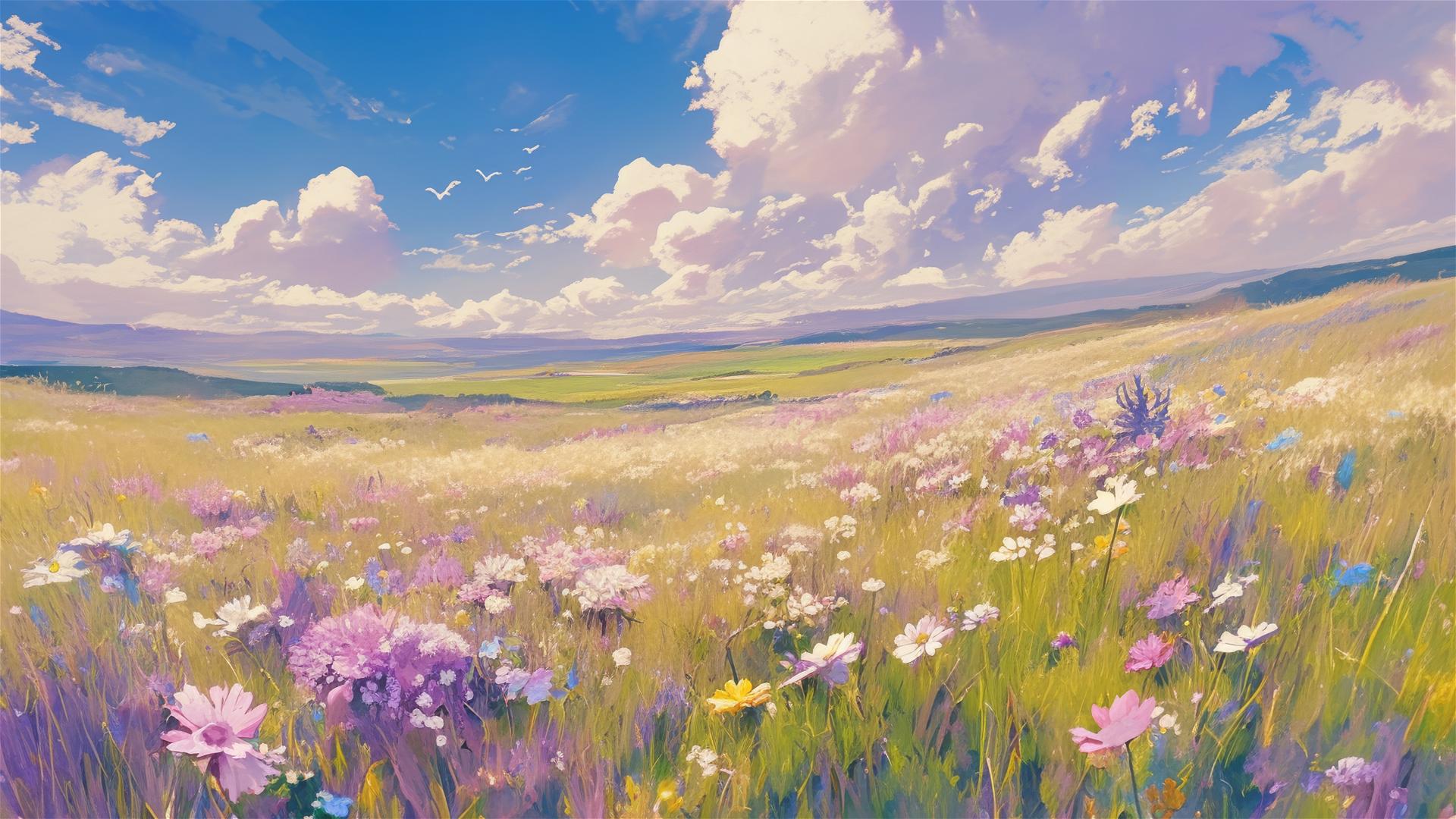Wildflowers swaying in a windswept heath landscape