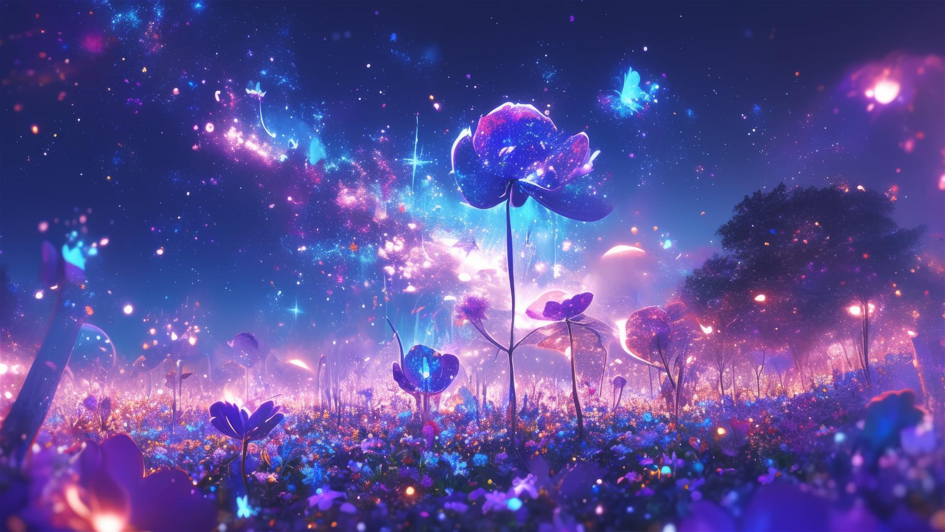 Floral galaxy with glowing constellation flowers at night