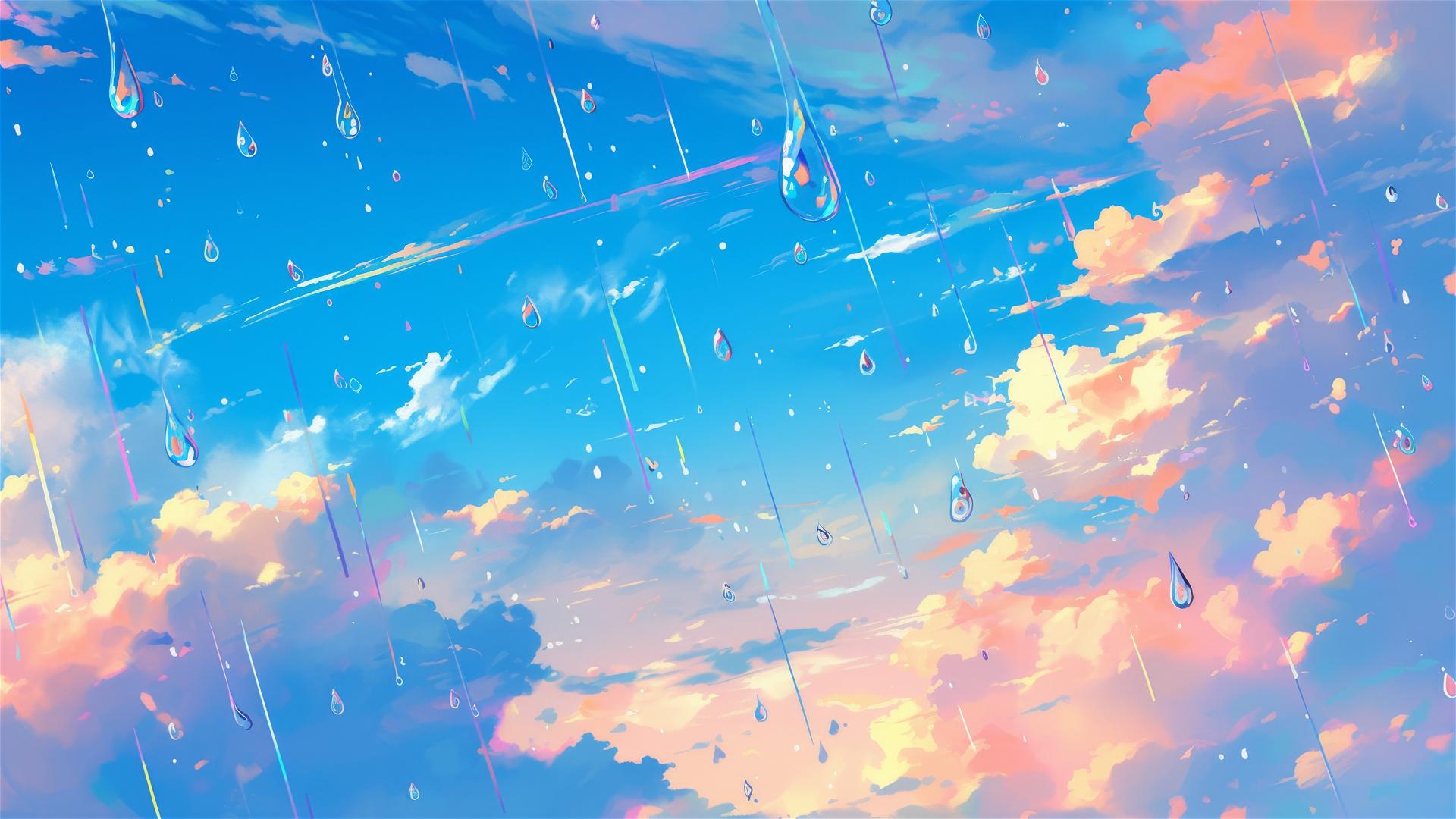 Holographic rain with twilight-colored droplets against a dynamic sky