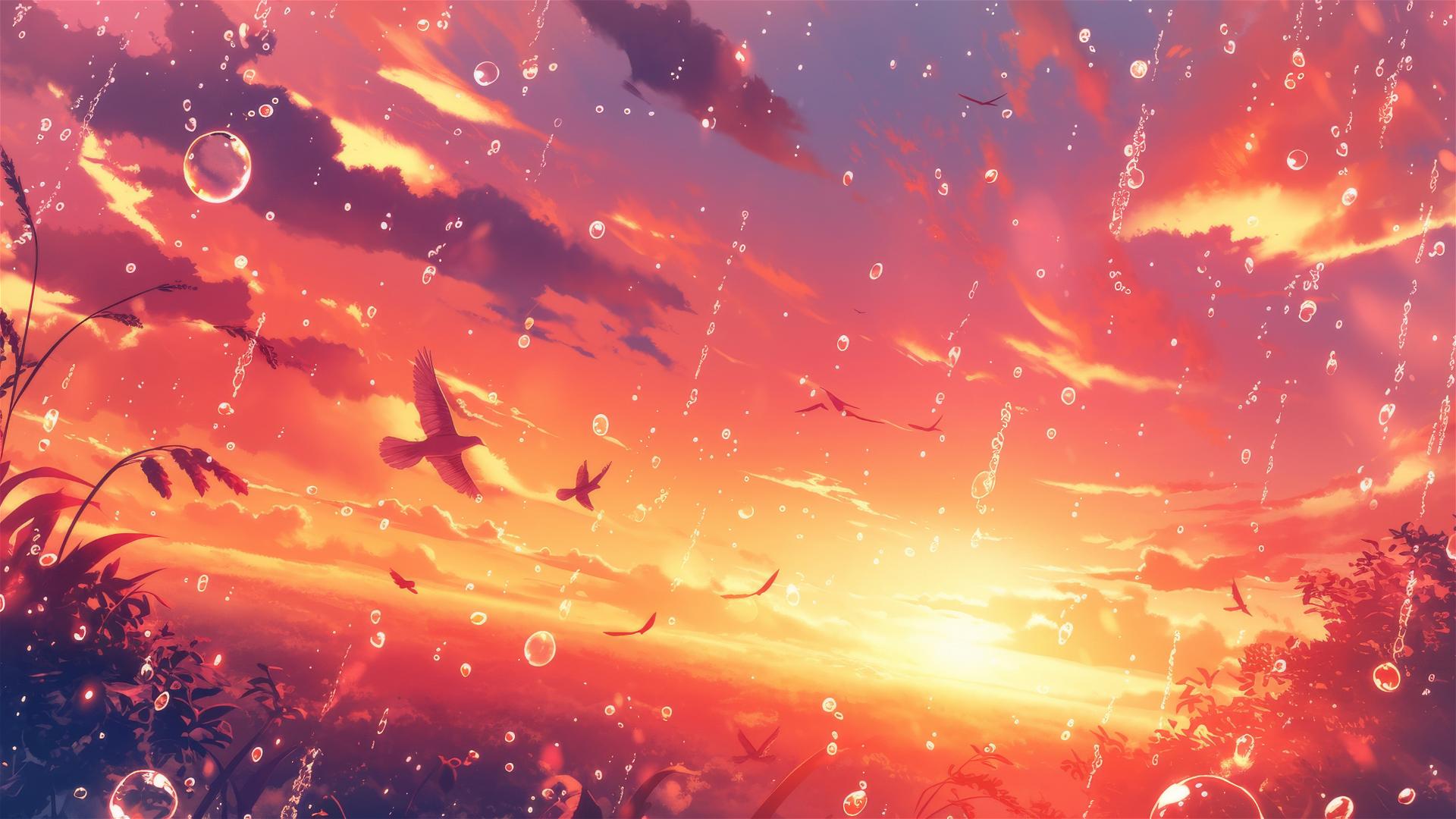Holographic rain with bird shapes at dawn