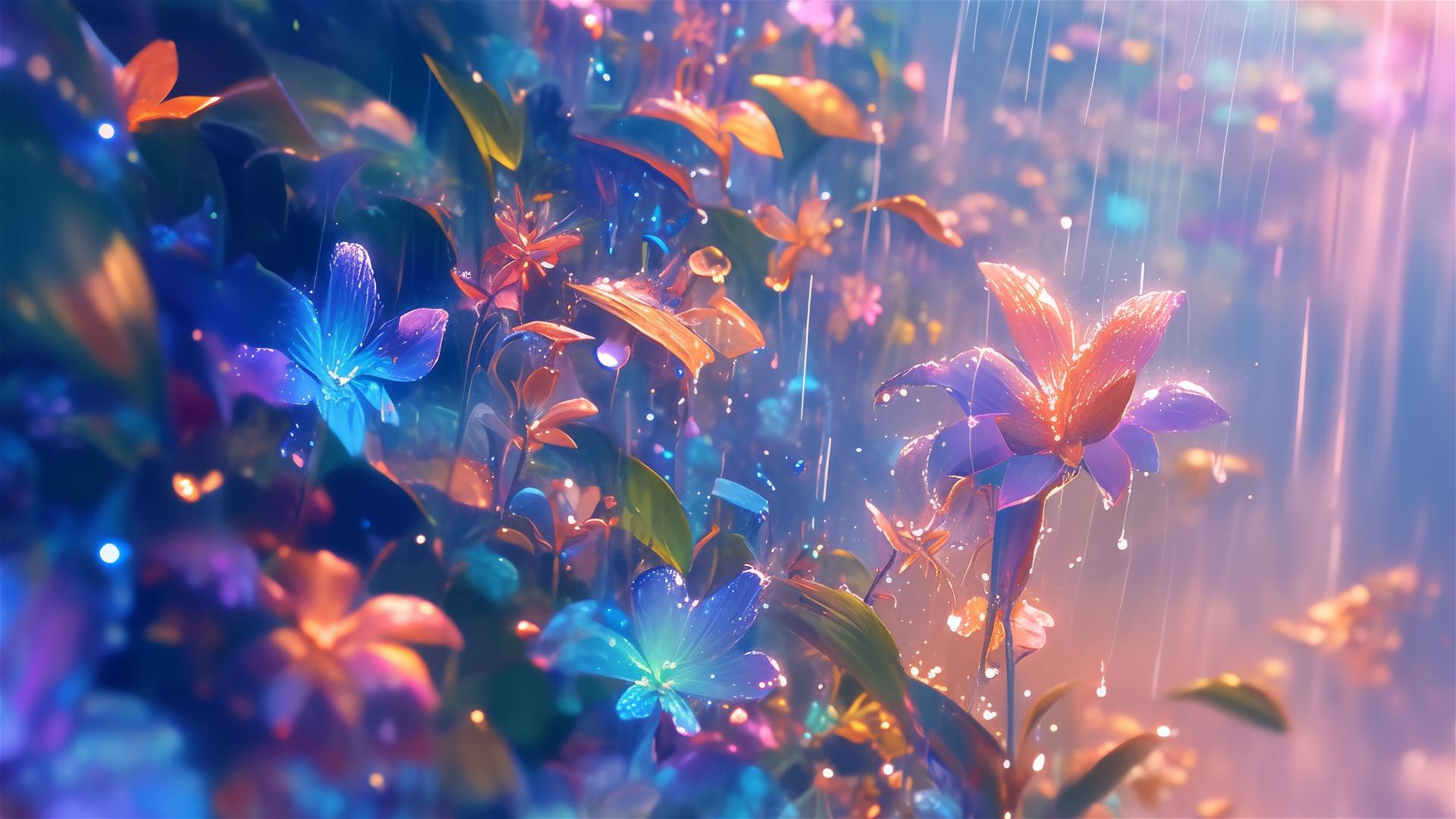 Holographic rain showcasing flowers in a lush botanical garden