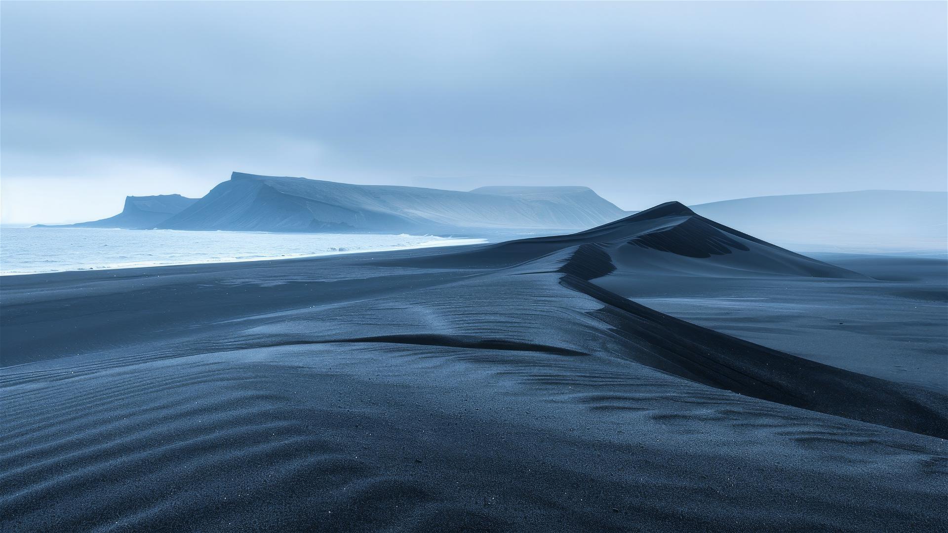 A minimalistic black sand desert landscape photo