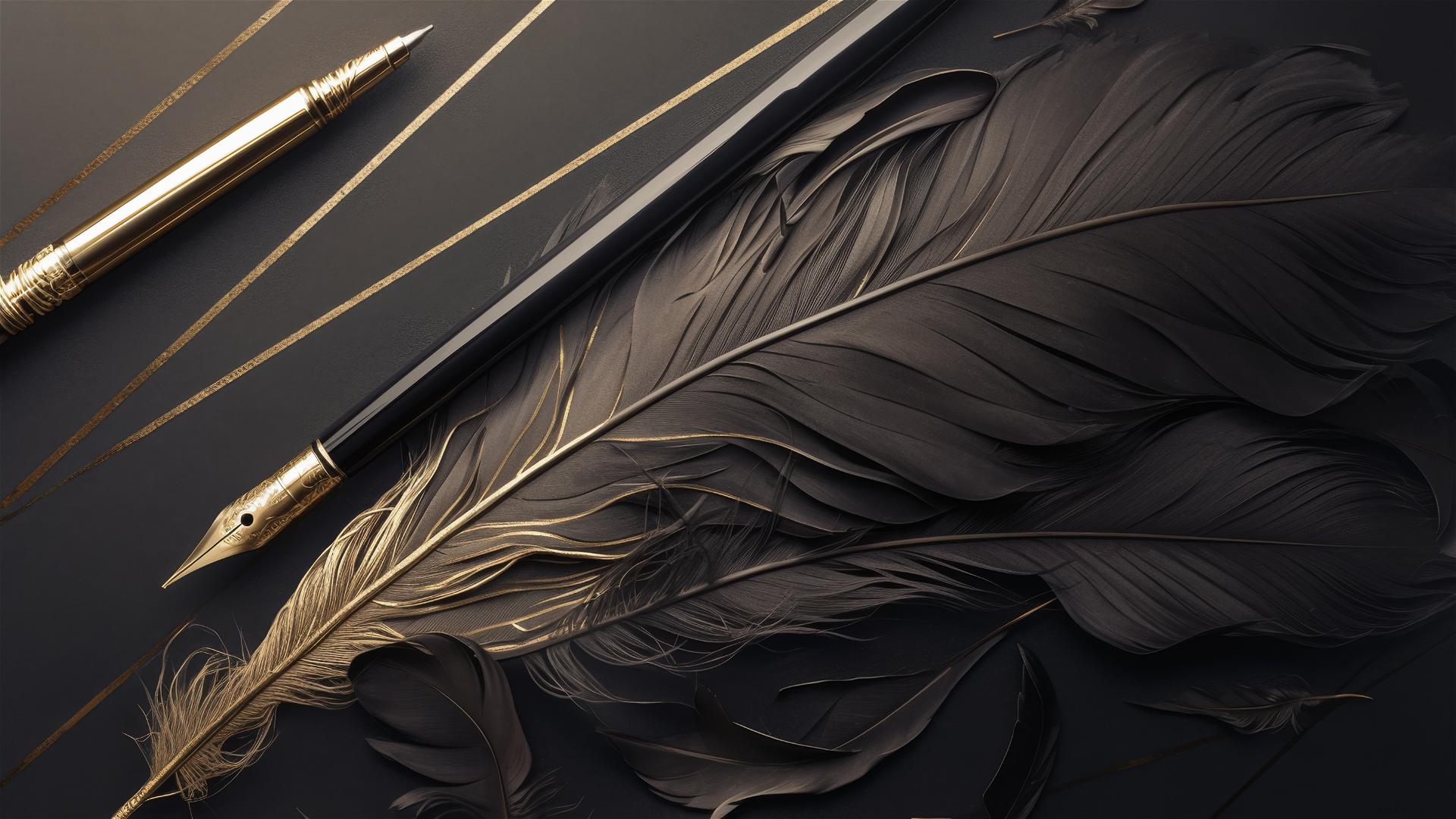 Dark grey quill pen lying across a pure black canvas with a slight metallic shimmer