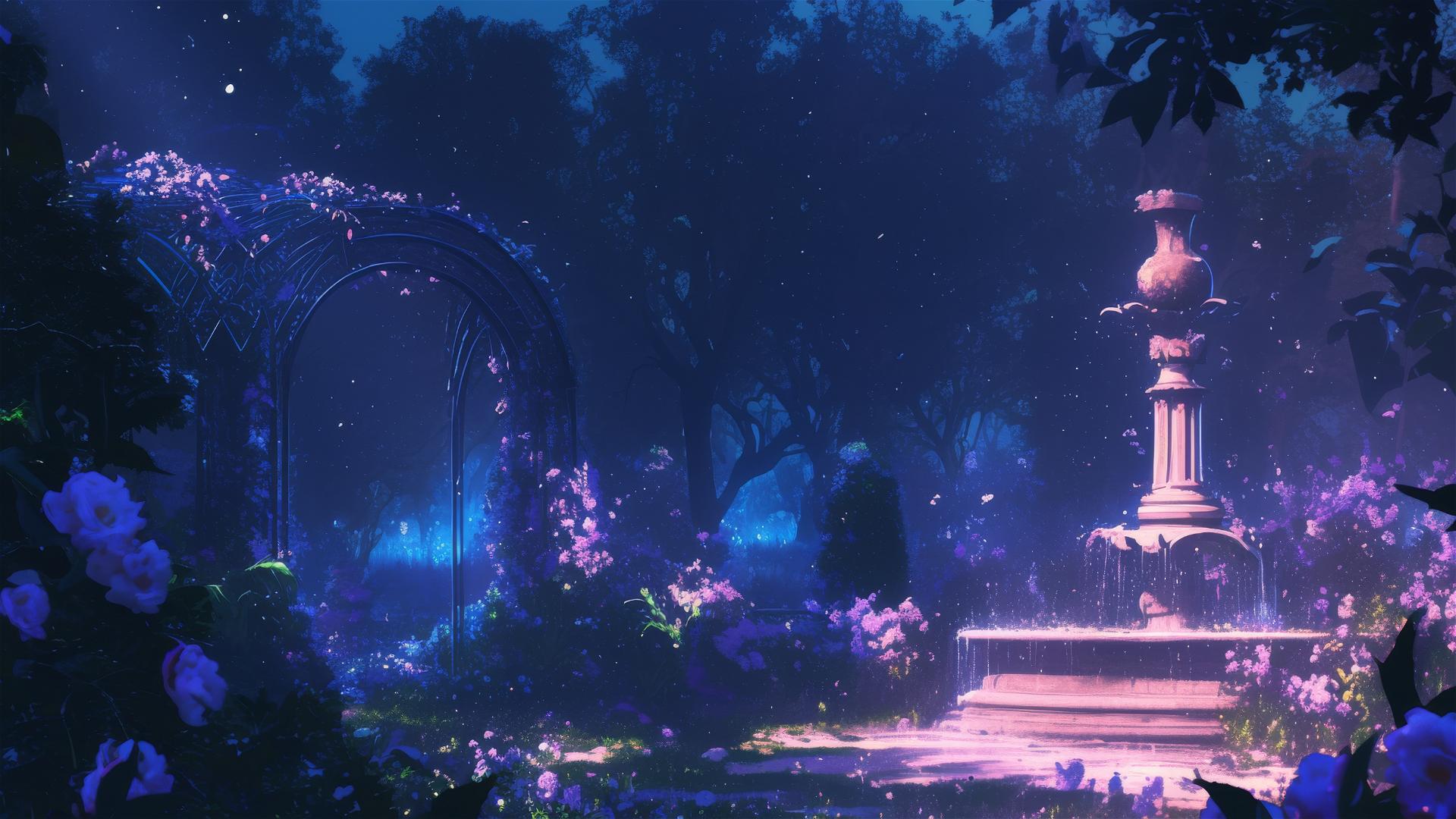 Twilight garden with luminescent night-blooming flowers