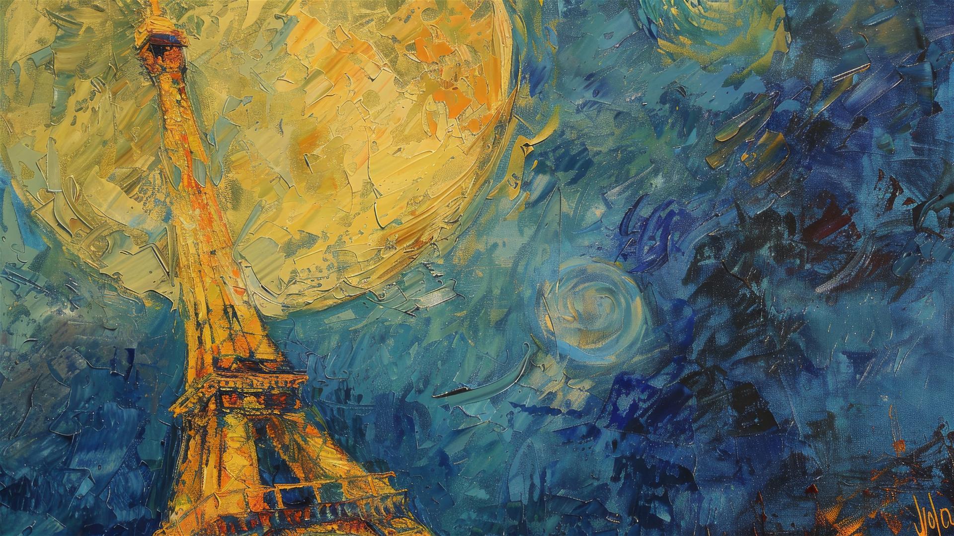 Impressionist painting of the Eiffel Tower at dusk with a crescent moon