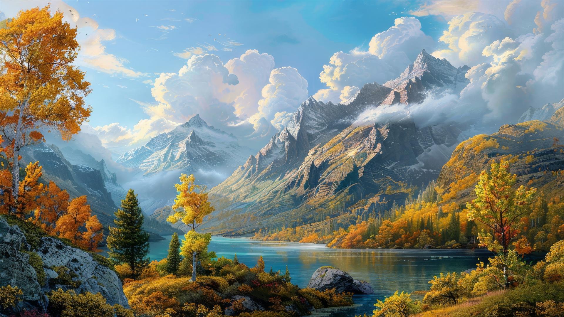 Detailed mountains with clouds in gray, amber, and teal