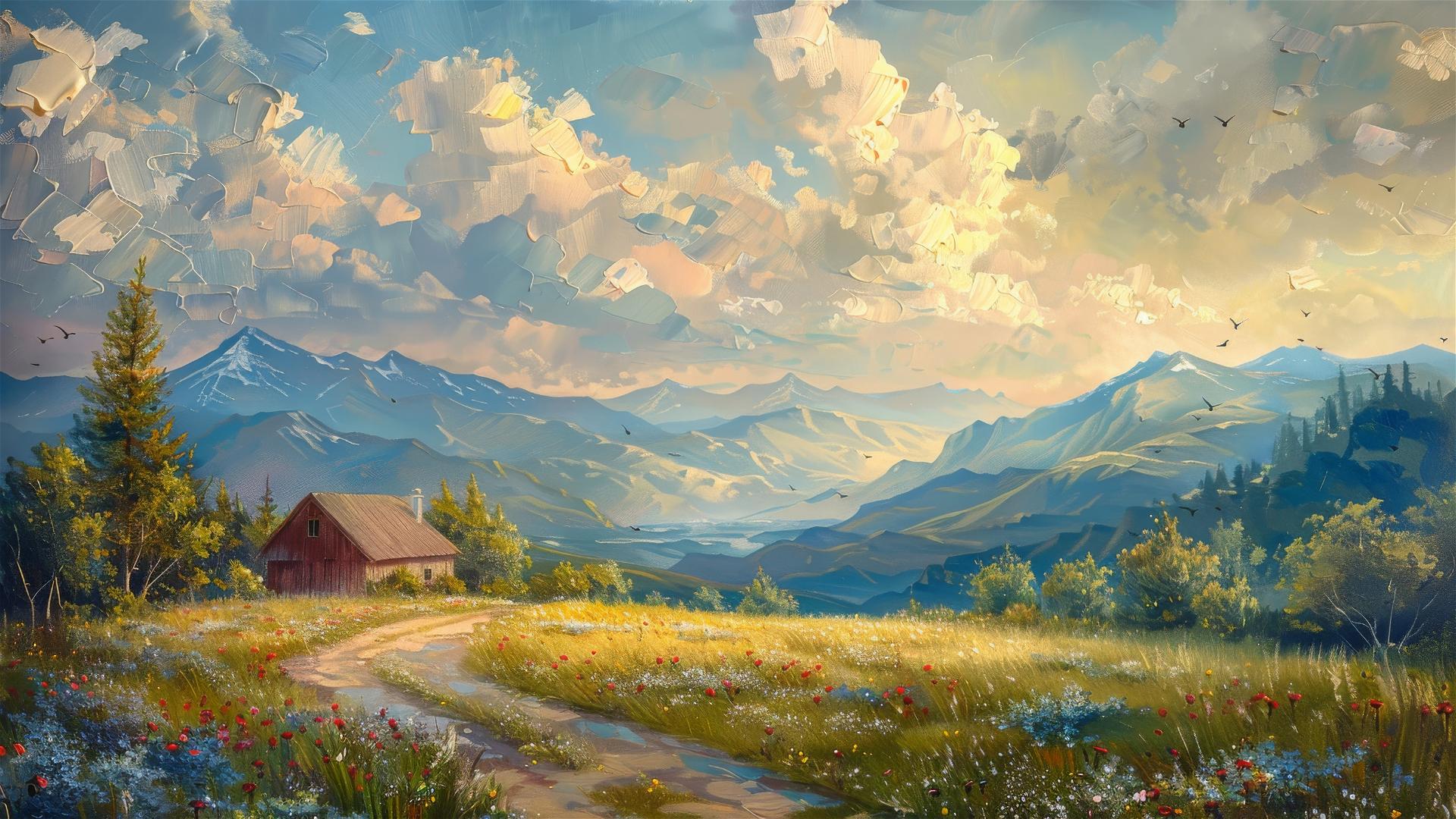Serene oil painting of a mountain farmhouse with a warm, calming filter