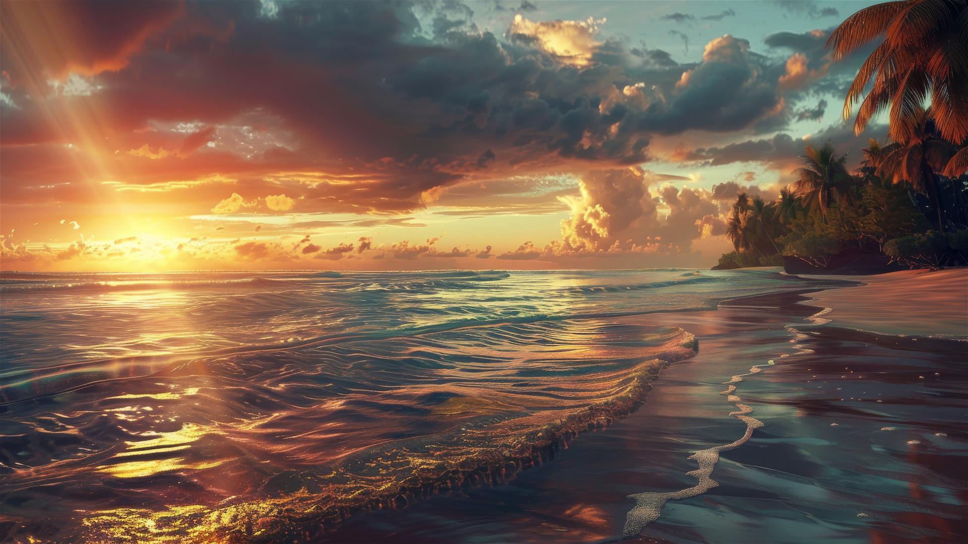 Photorealistic beach photos with sea and sunset background