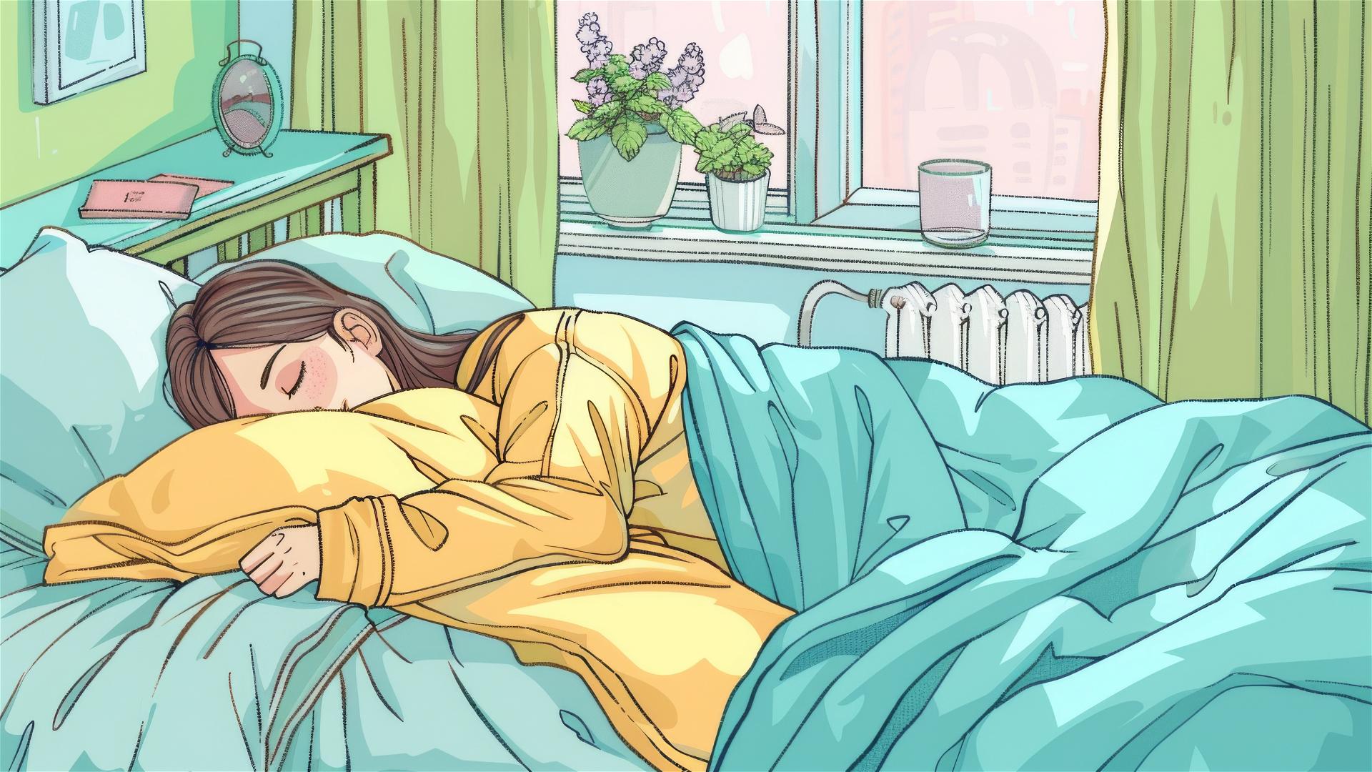2D-style girl on bed, mint green room, lavender walls, yellow blanket