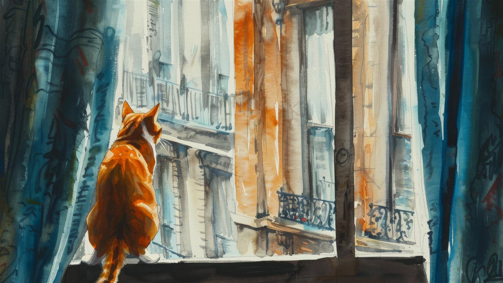 Cat climbing curtains with cityscape outside window, watercolor on grainy paper