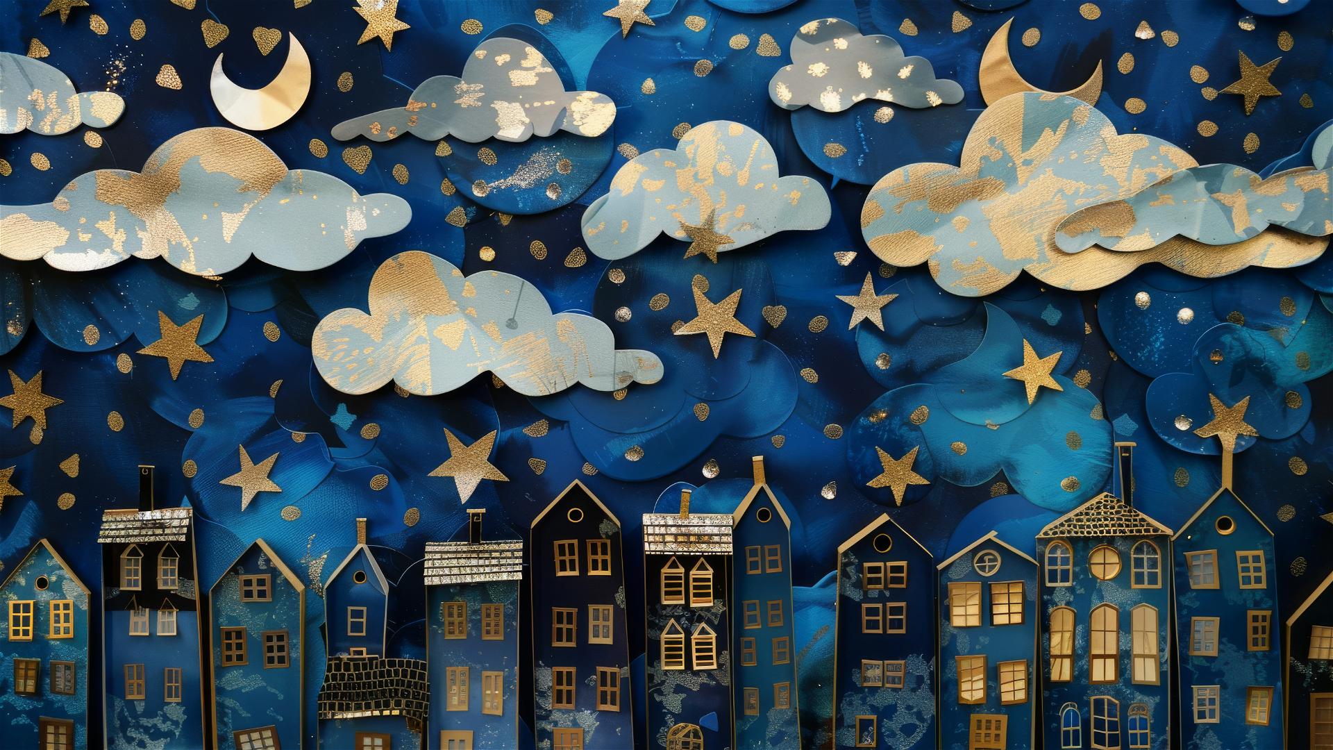 Whimsical cityscape at night with blue and gold paper cutouts