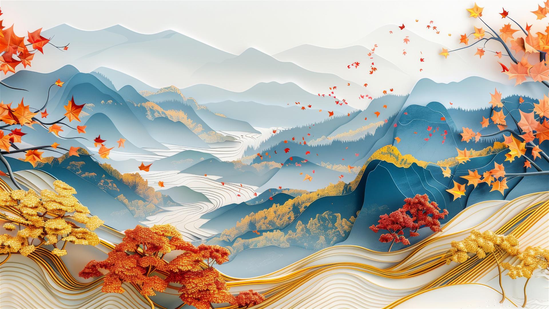 Gold mountain 3D art with blue maple trees in organic art nouveau