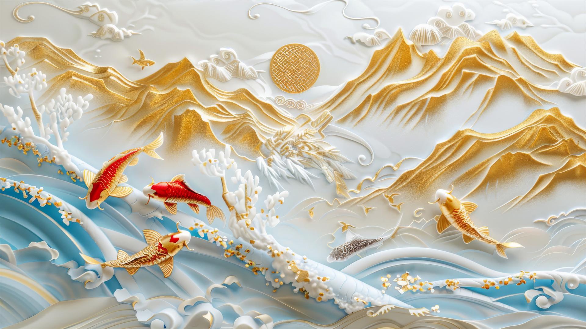 3D Asian painting of golden mountains with koi fish in a pond