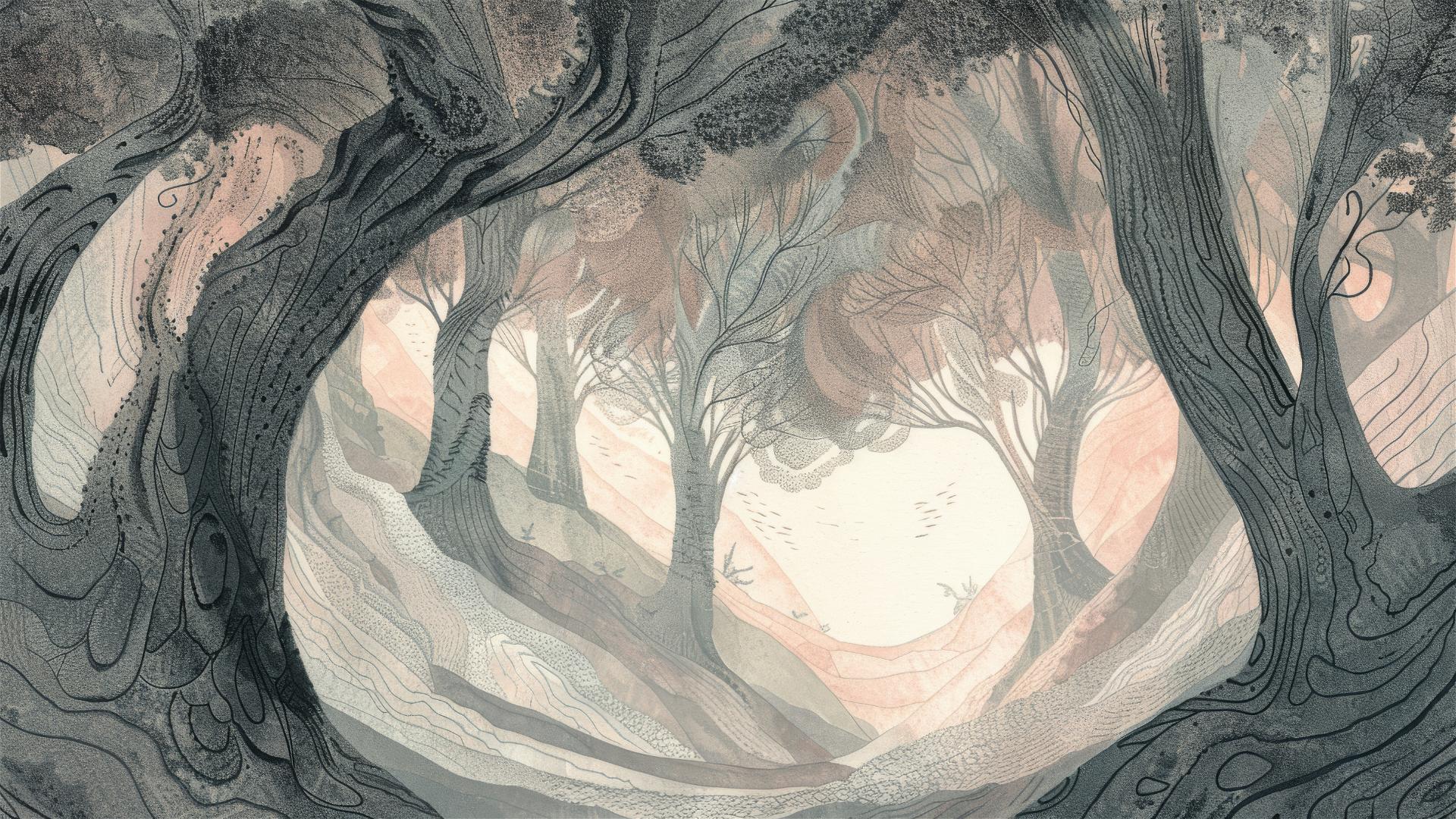Forest canopy with brain-like ridges and lightning arcs