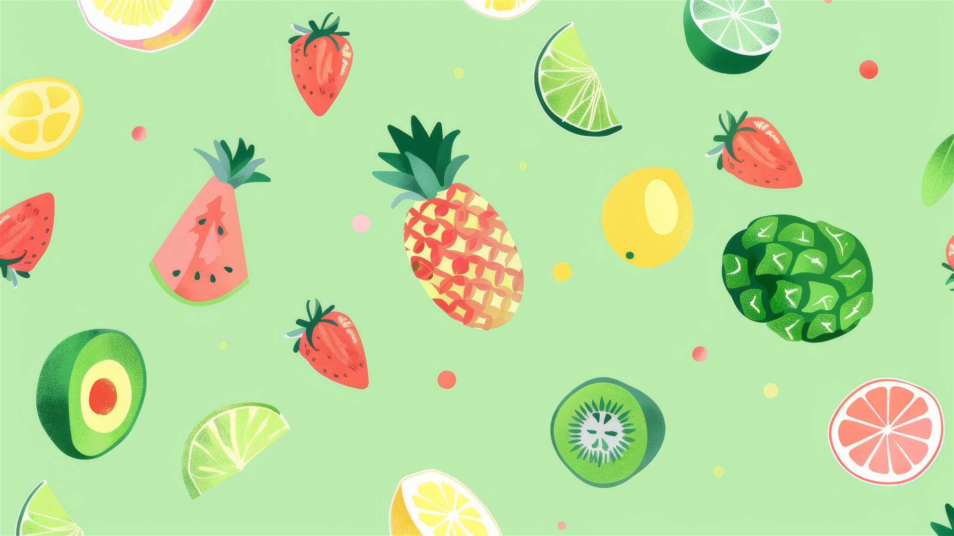 cute small icons on vivid light green background, summer theme