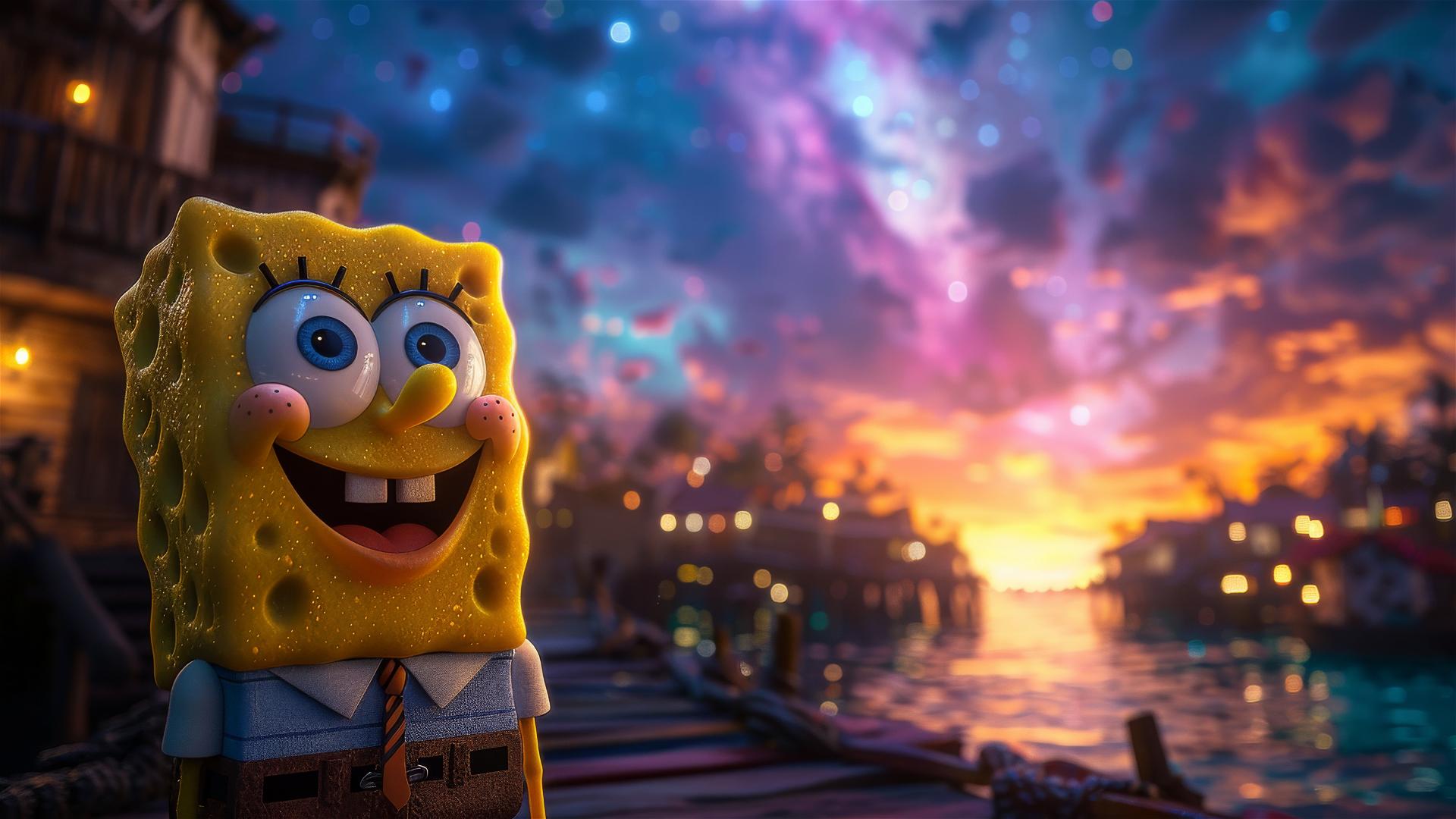 SpongeBob gazing at the Milky Way with Afrofuture gradients