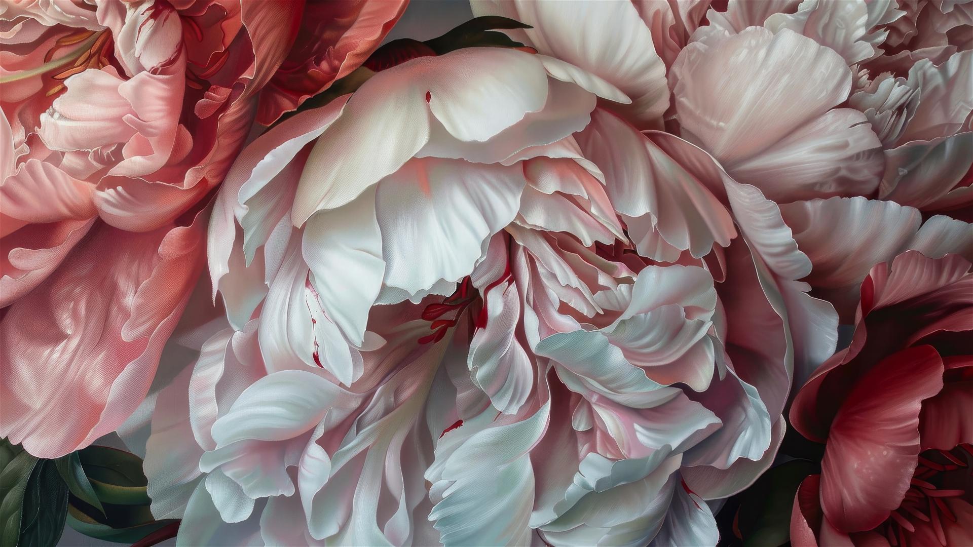 Peonies in Tim Maguire's style, detailed oil painting, Dutch master influence