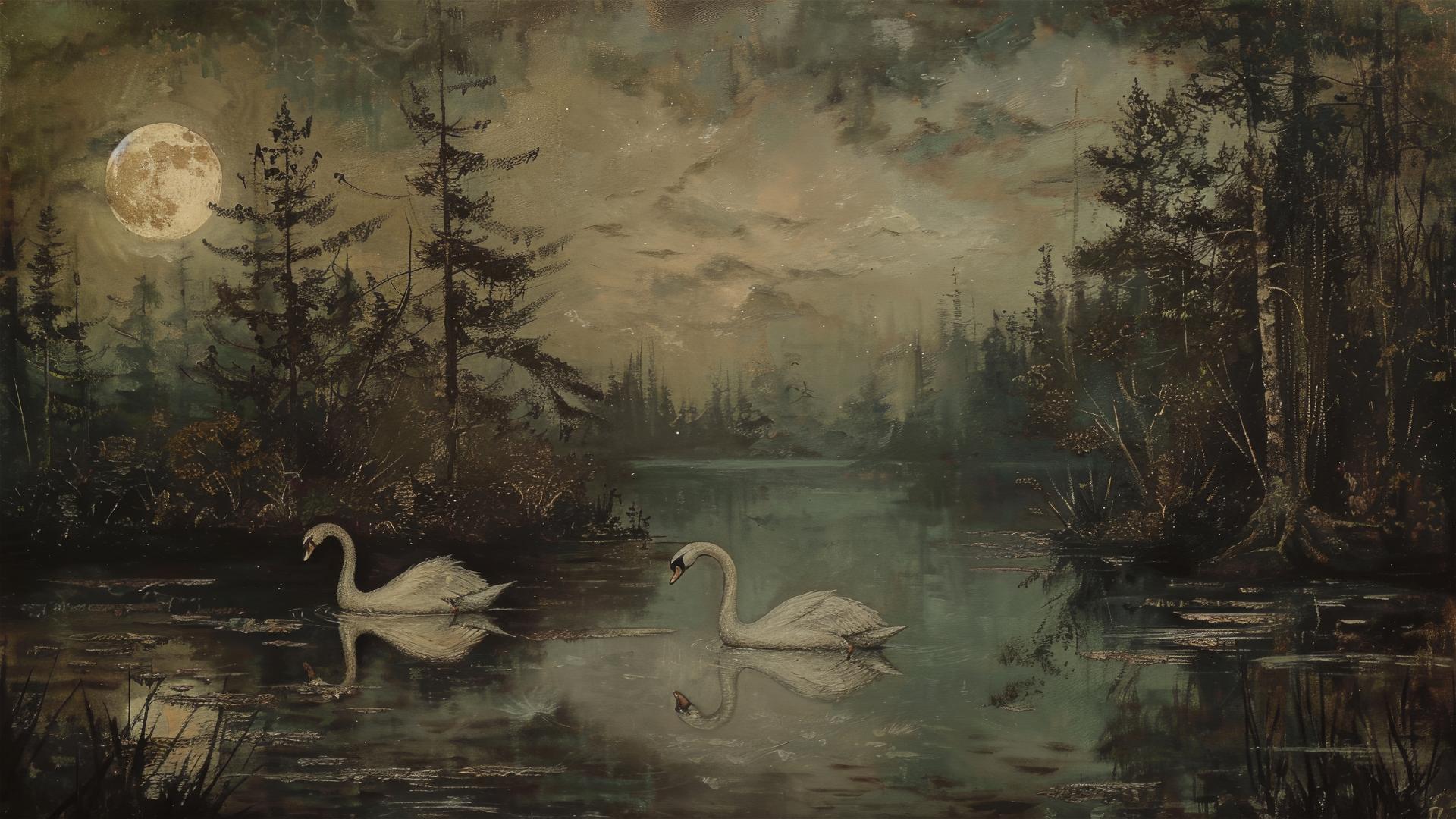 Two swans at forest lake under a moonlit night in a vintage oil painting style