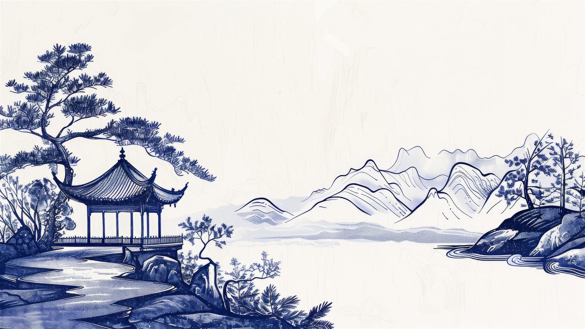 Minimalist Chinese landscape with pavilions, blue and white porcelain, engraved line-work