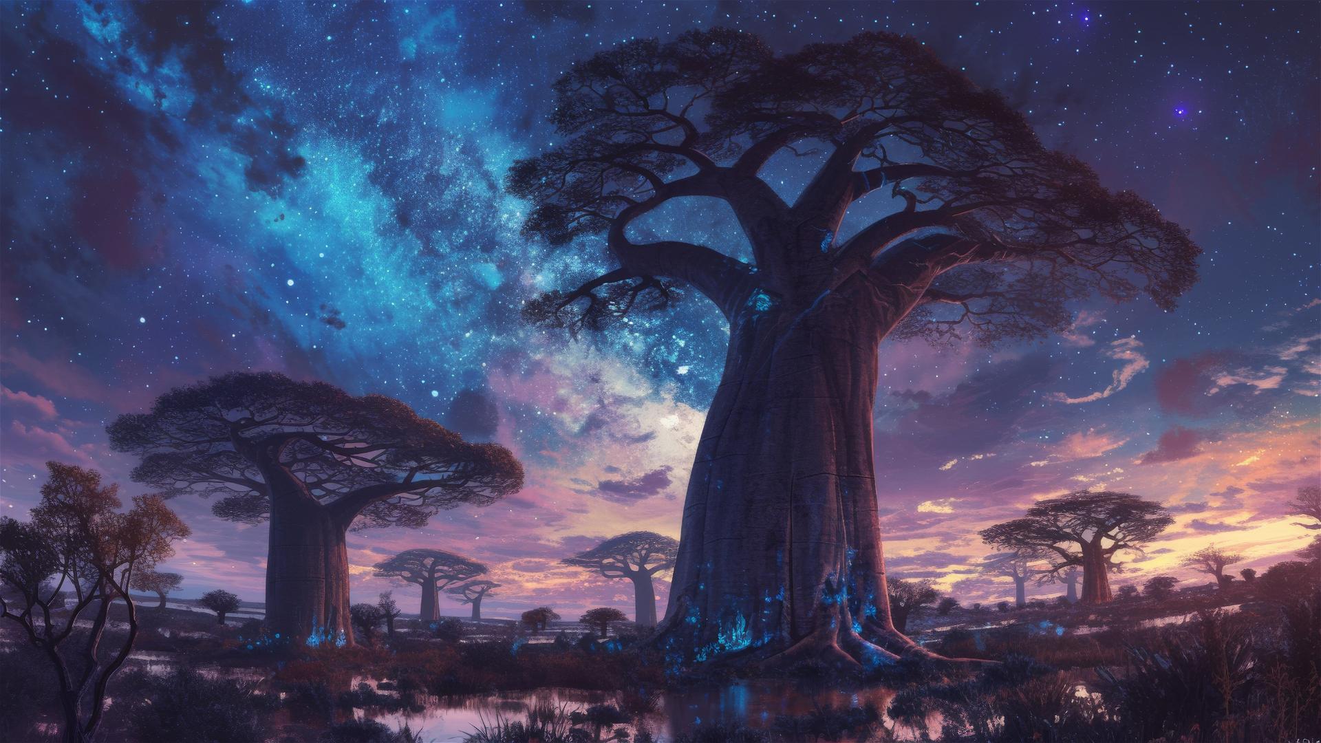 Ancient baobab trees silhouetted against a starry African sky.