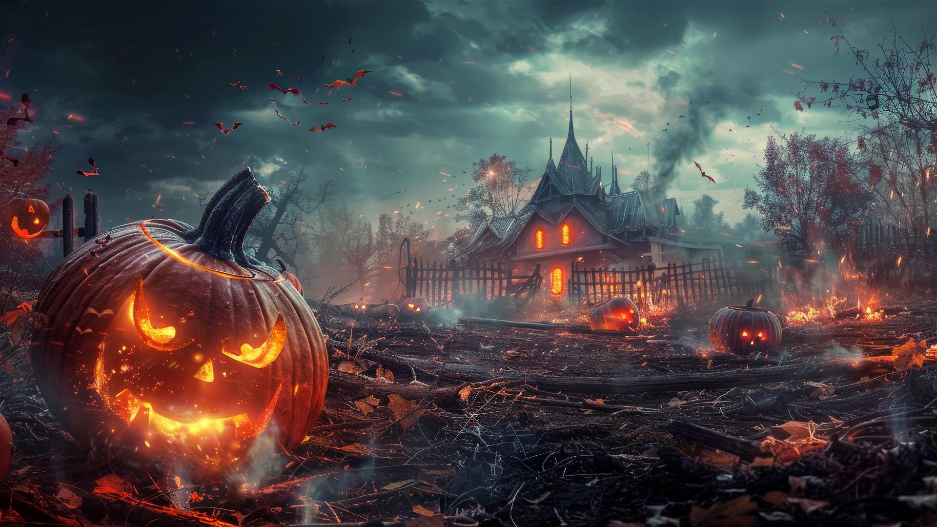Halloween-themed background featuring spooky elements.