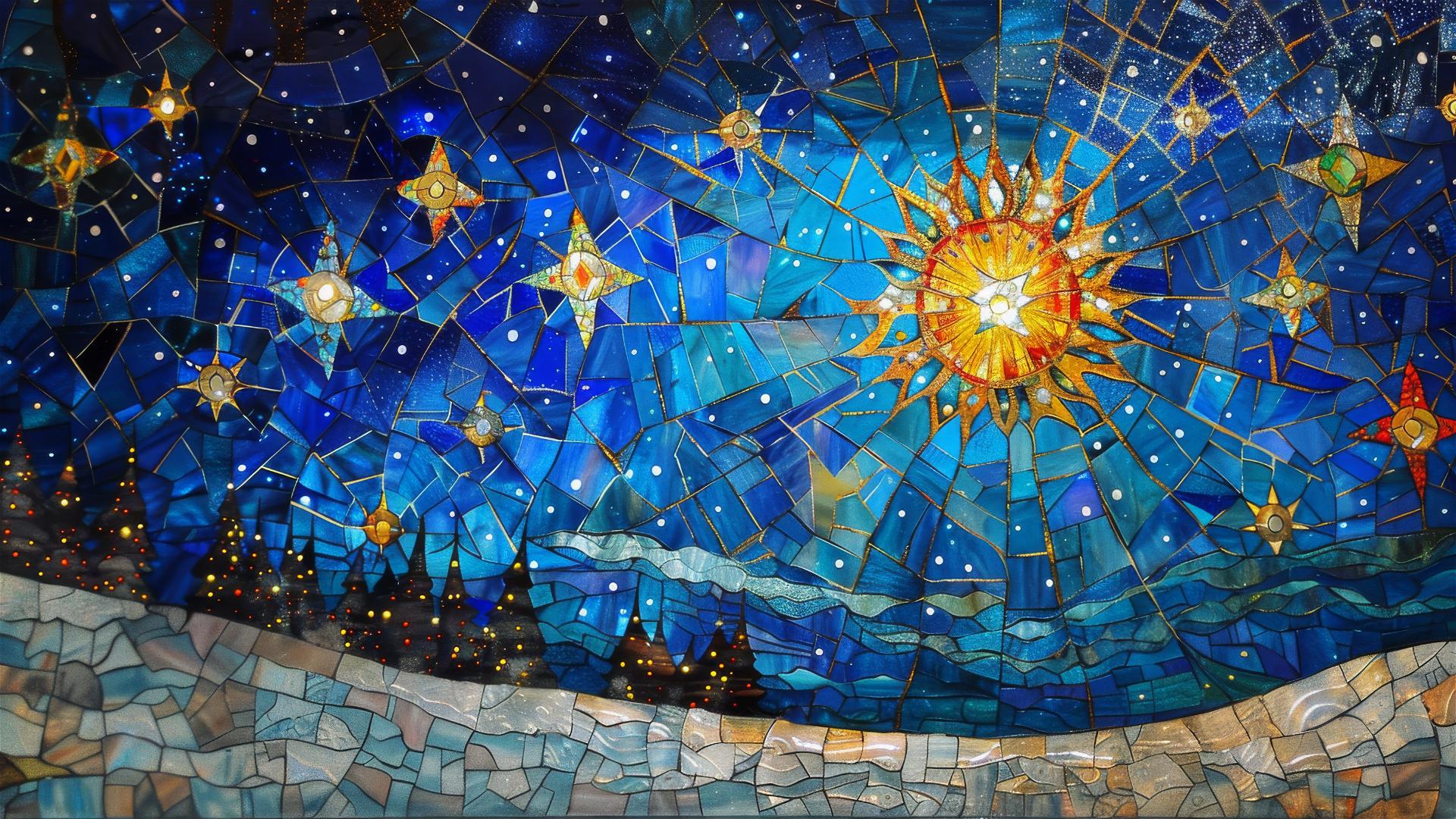 Stars illuminating a quiet night with light snow in stained glass style.