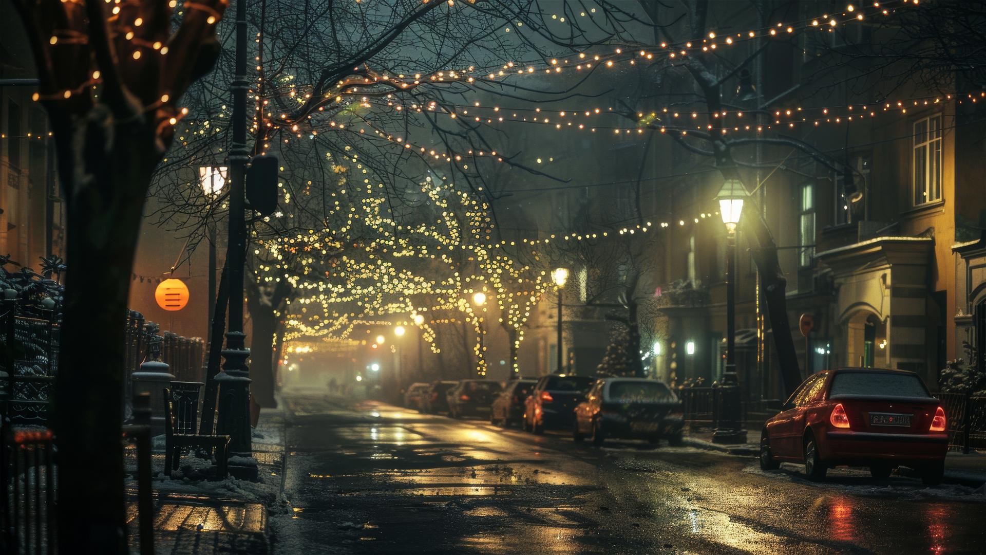 Christmas night with a silent street in a modern city.