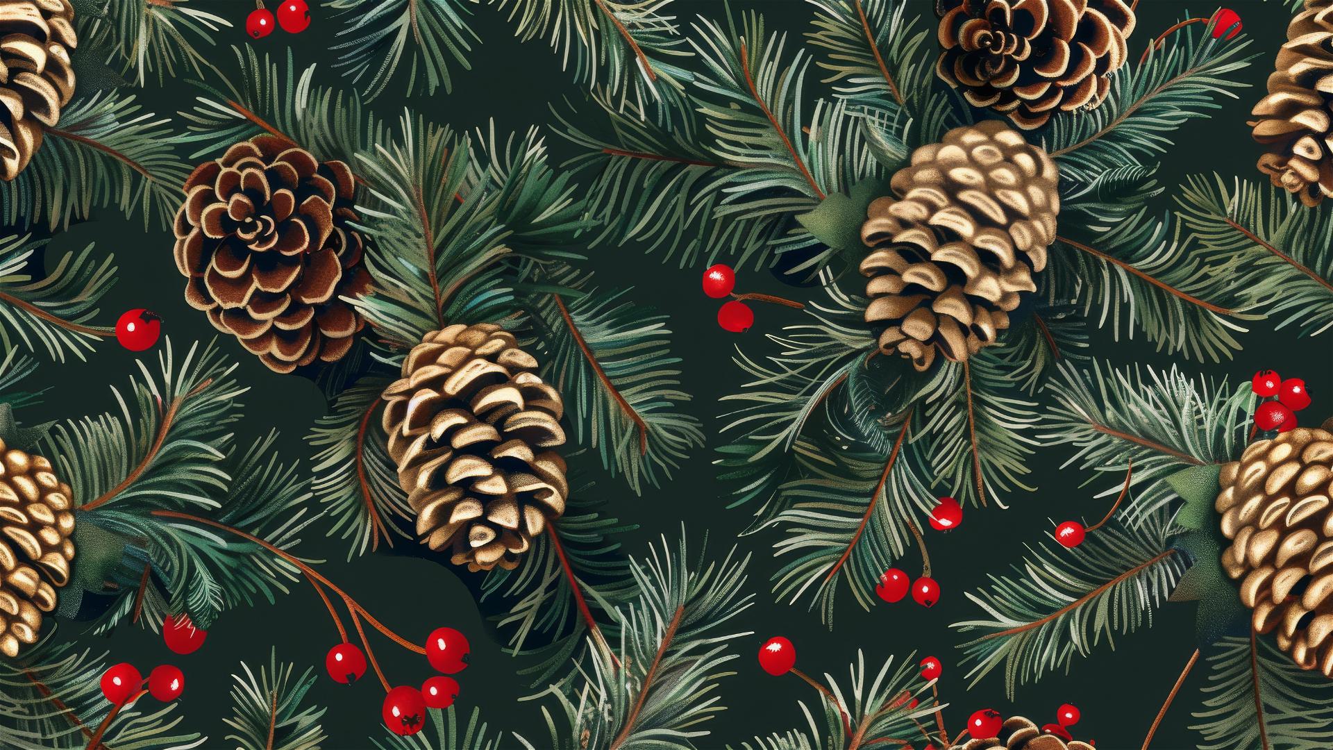 Seamless pattern of spruce cones, pine needles, and red berries.