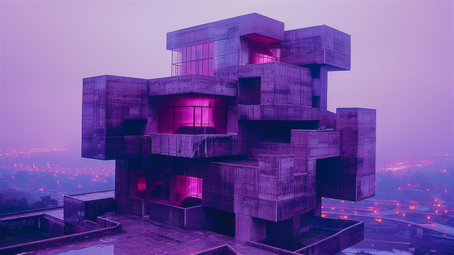 1980s brutalist building, low angle dusk view after rain