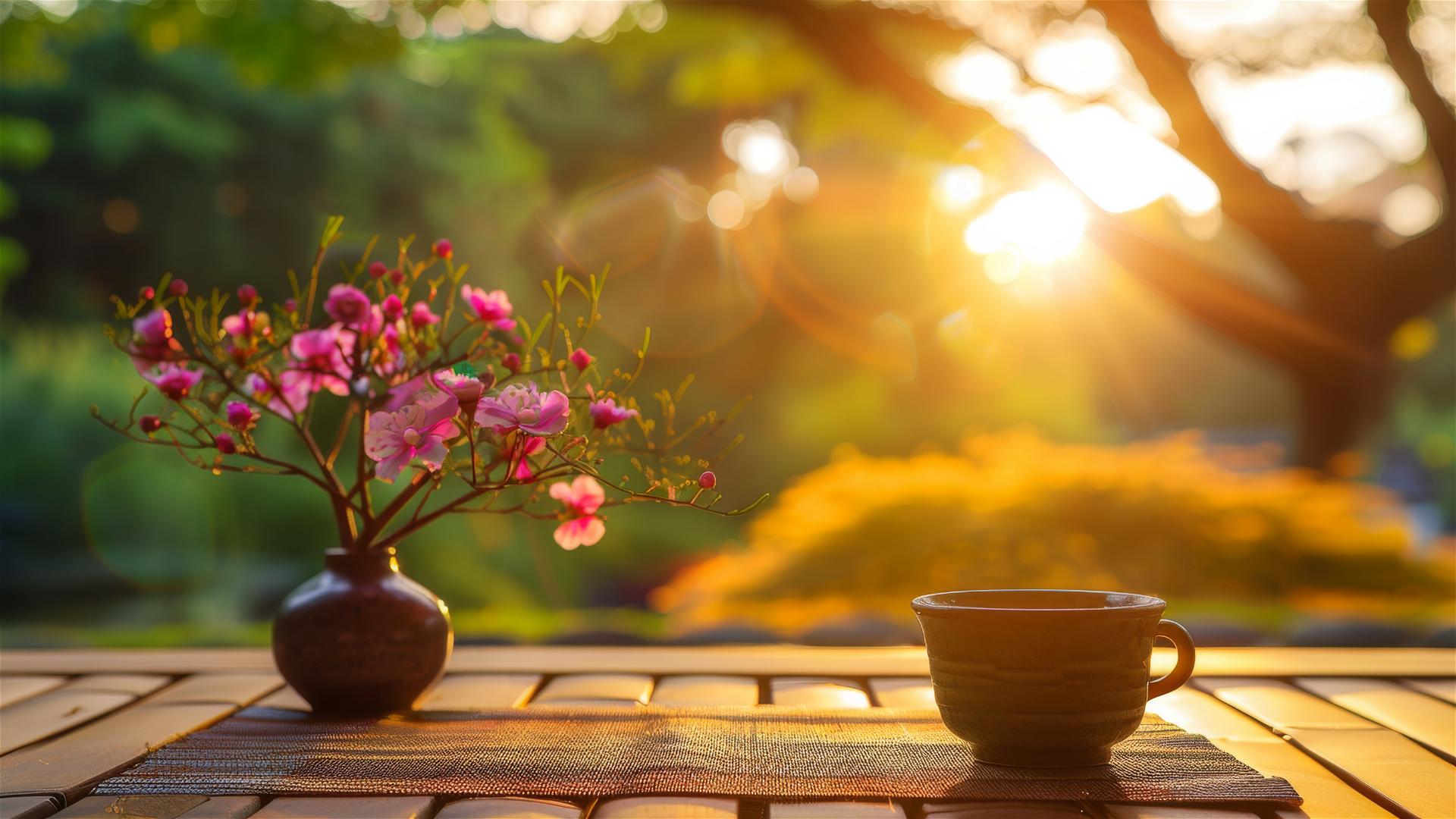 Coffee cup and flower pot on table in Zen garden at sunrise