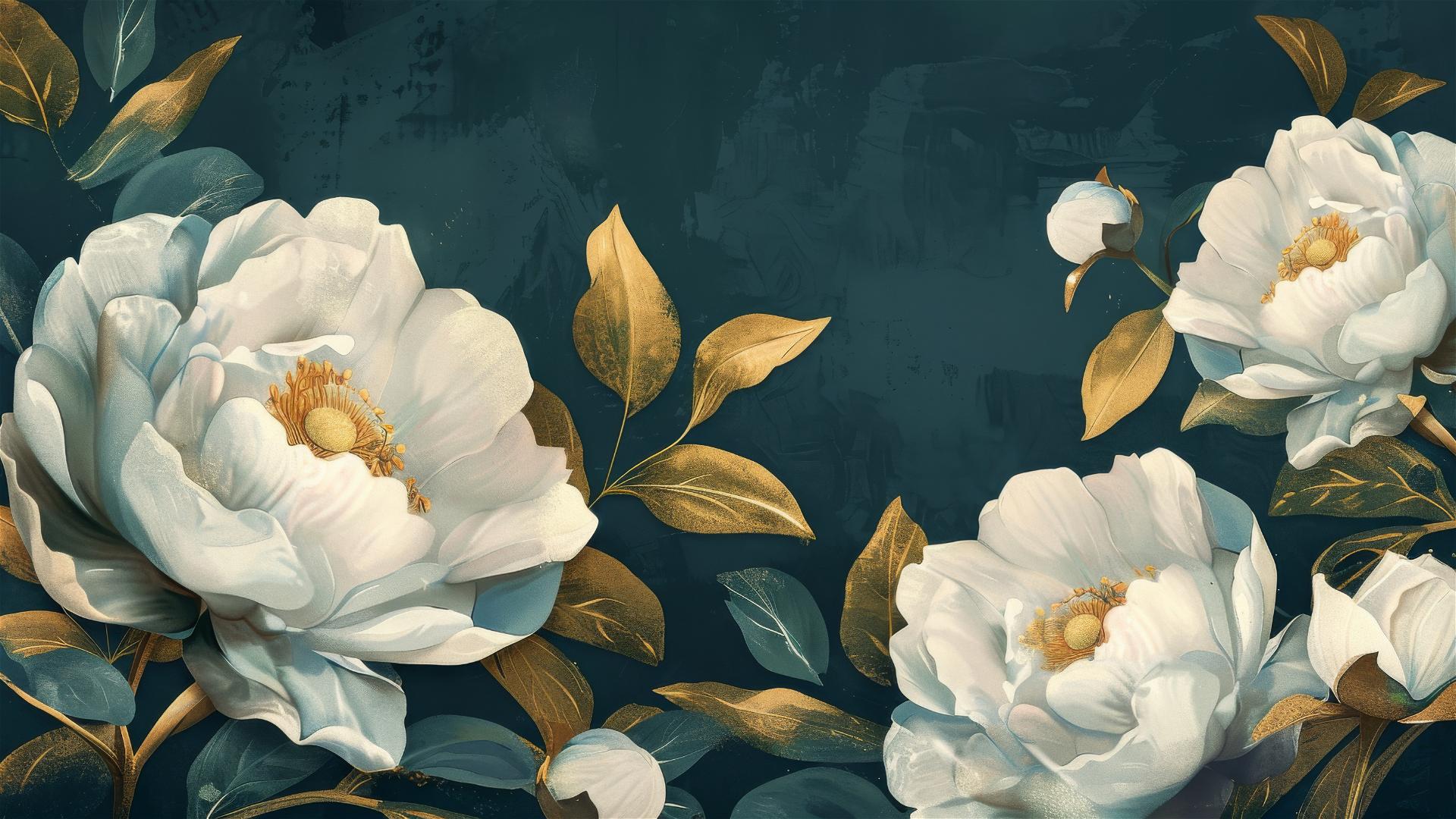 White flowers, gold and blue leaves on a dark navy background