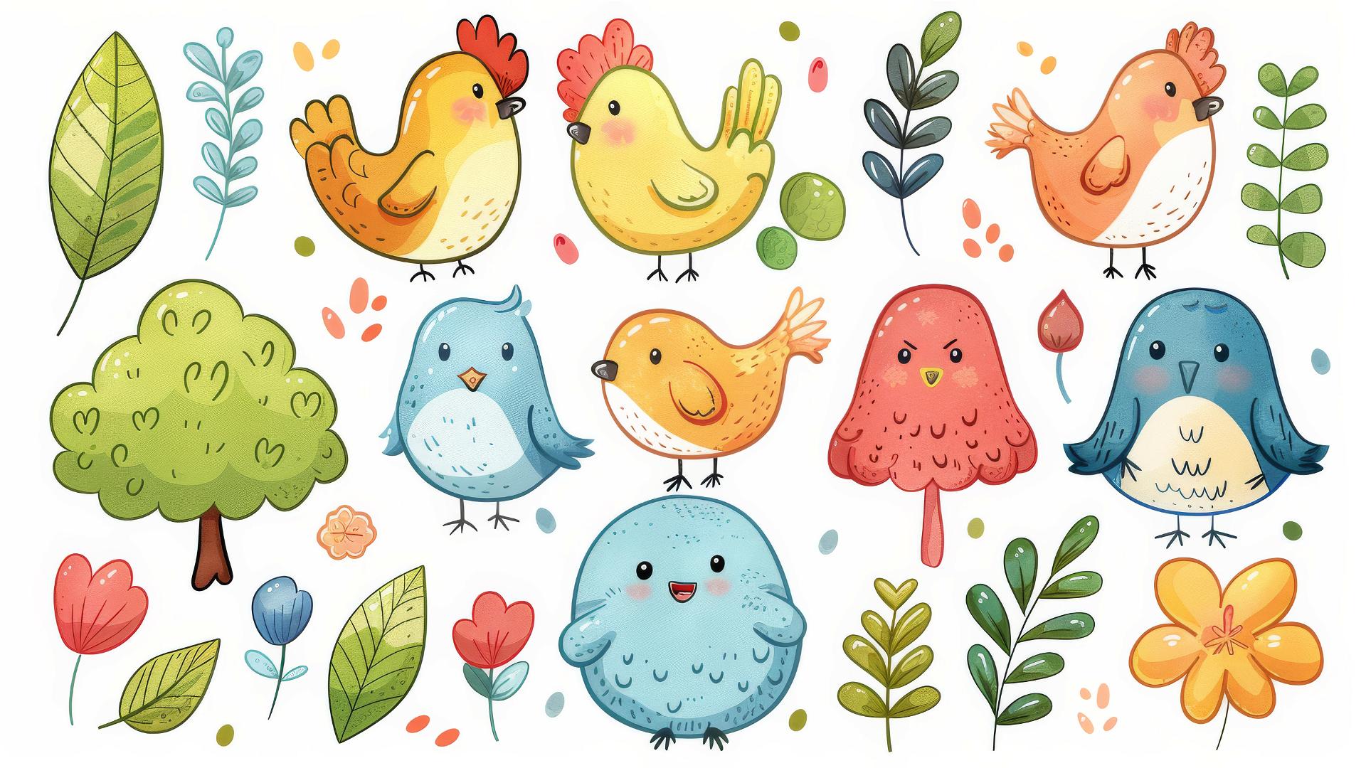 Kawaii doodle icons with hens, flowers, and seeds