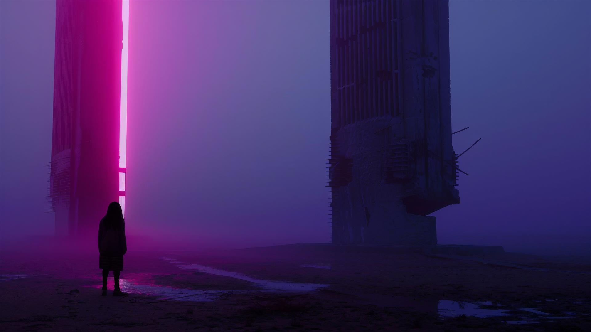 Cybergoth scarecrow in fog with neon light and brutalist structure