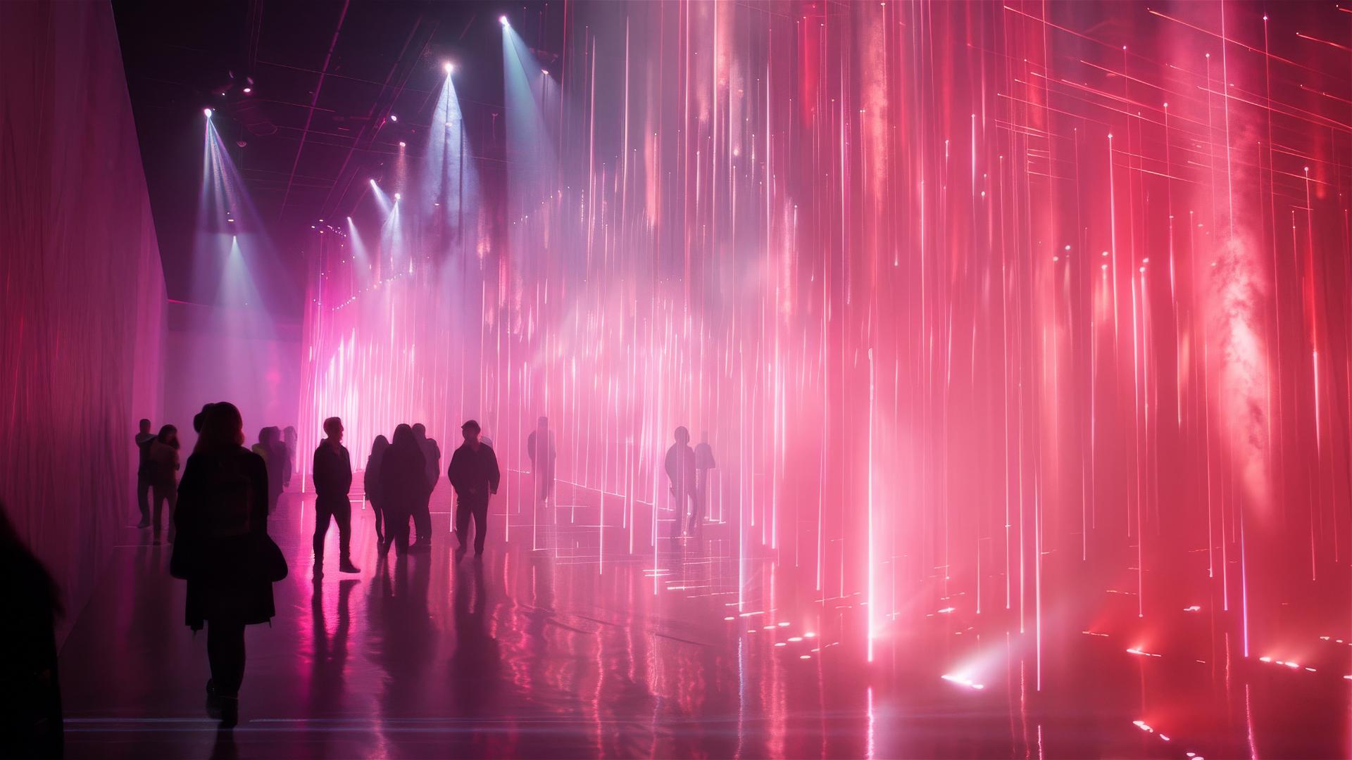 People walking through a curtain of laser smoke