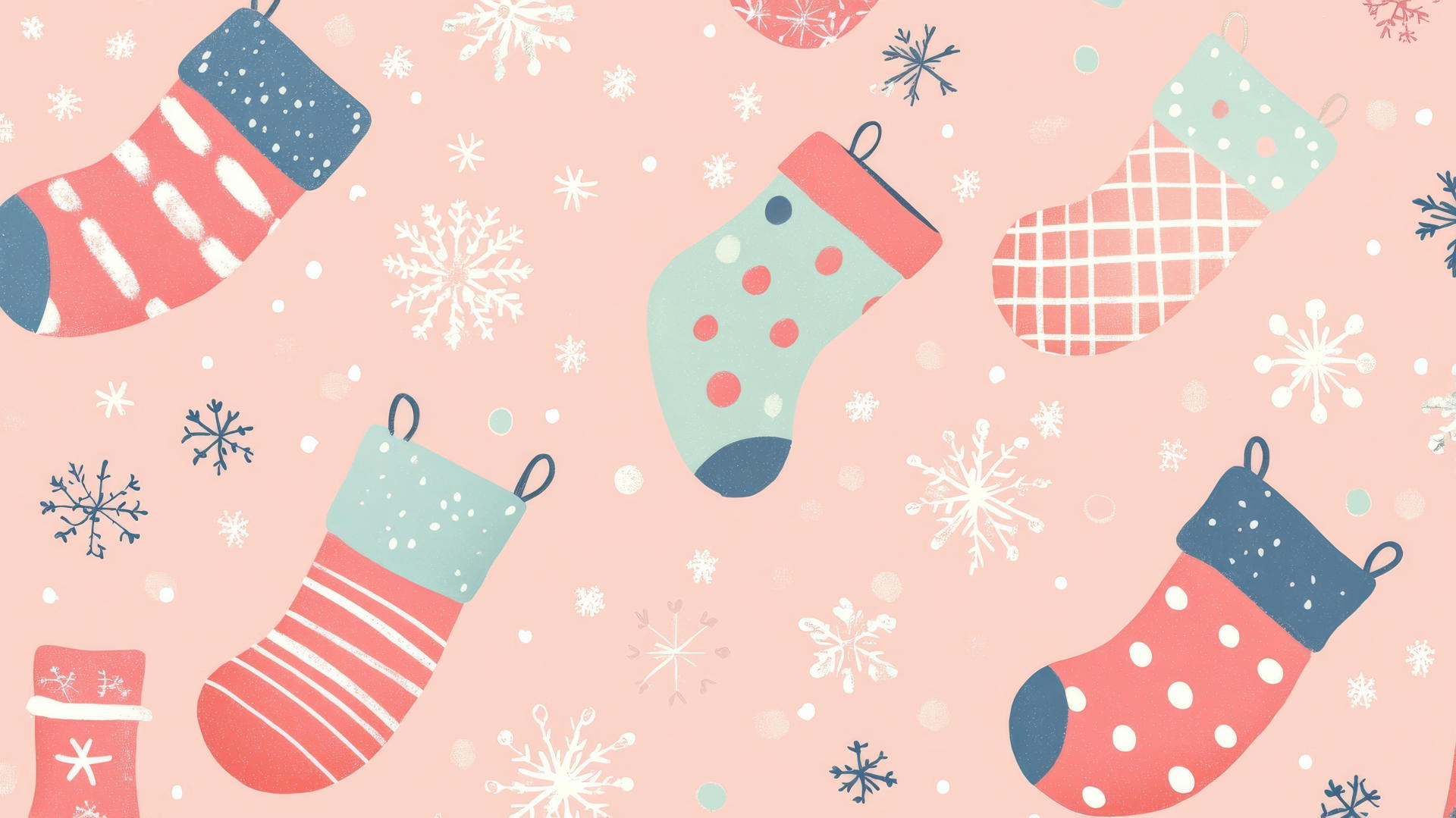Preppy Christmas stockings and snowflakes in pastel colors on a soft pink background