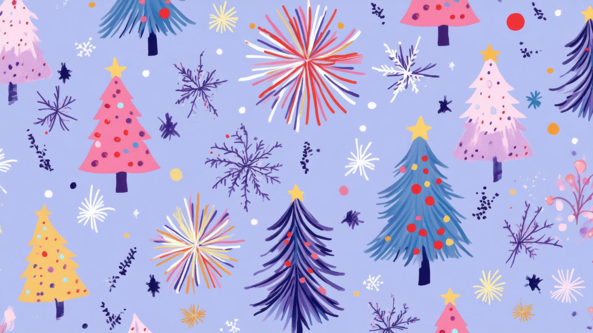 aesthetic preppy Christmas wallpaper with fireworks and Christmas trees on pastel purple background