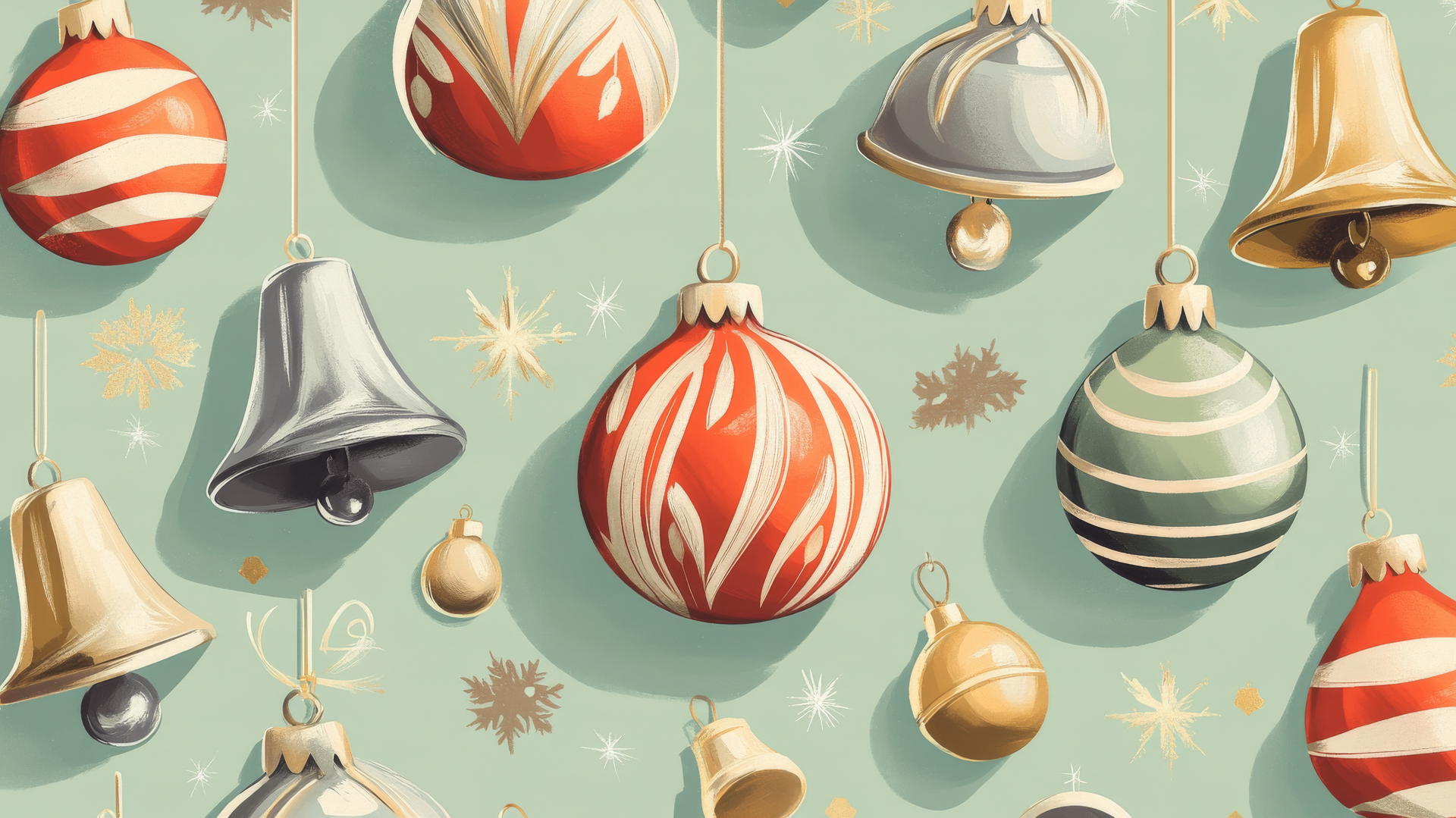 aesthetic preppy Christmas wallpaper with vintage ornaments on pastel green