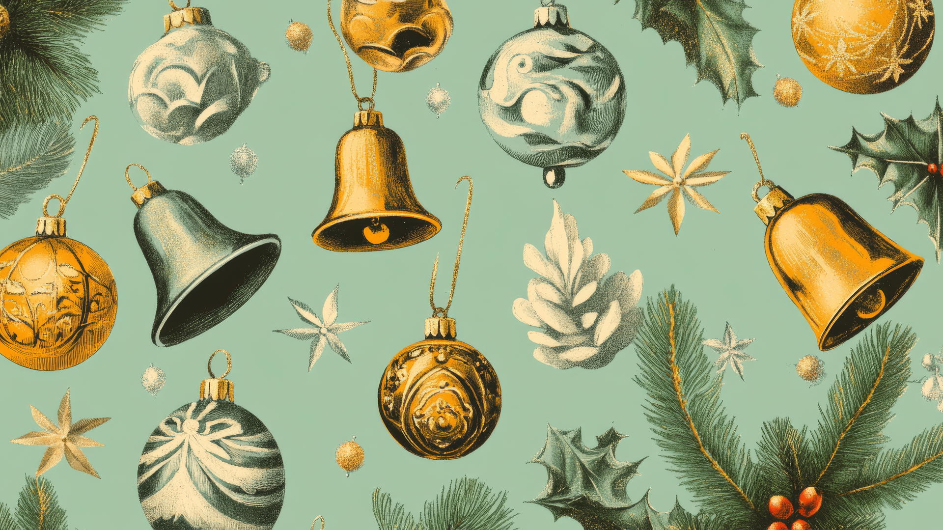 aesthetic preppy Christmas wallpaper with vintage ornaments and bells on pastel green