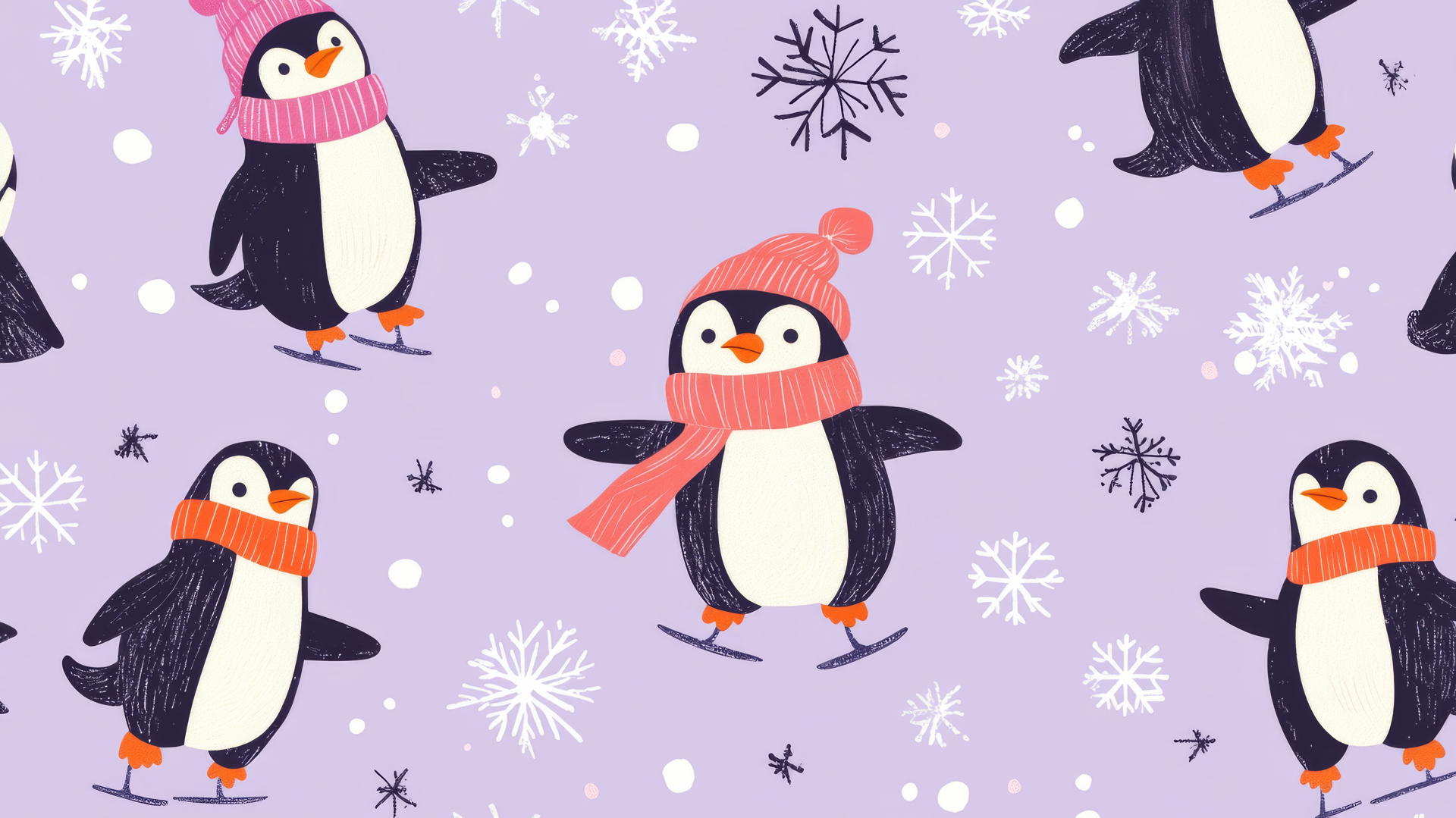 cute preppy Christmas wallpaper with playful penguins skating among snowflakes on a pastel purple background