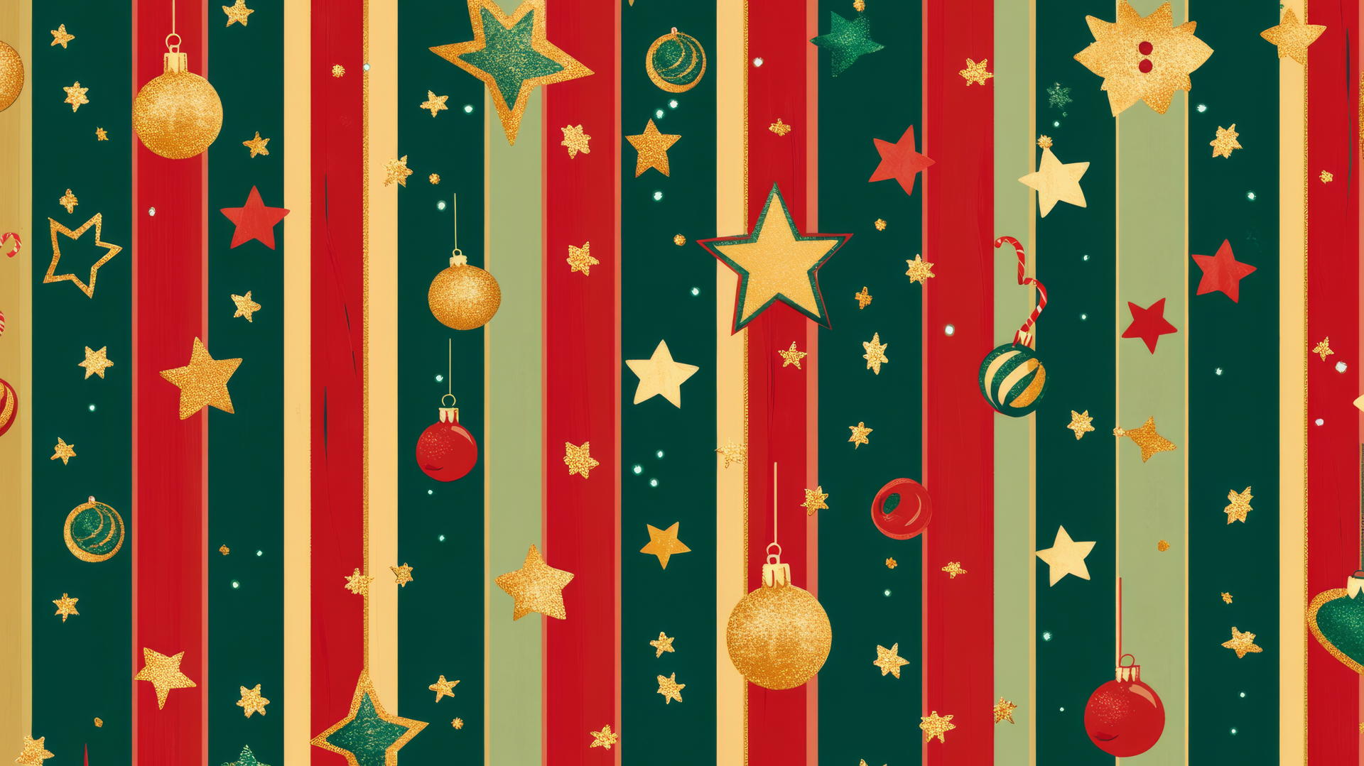 Cute preppy Christmas wallpaper with stars, stripes, ornaments, and bells in red, green, and gold.