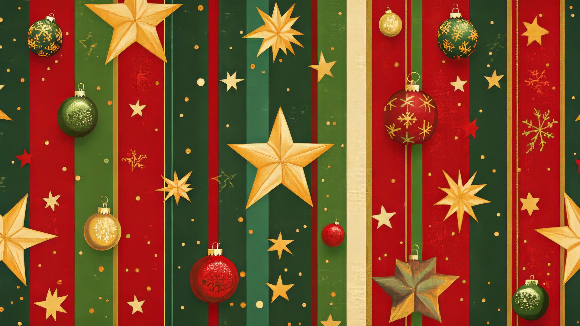 Cute preppy Christmas wallpaper with stars, stripes, ornaments, and bells.