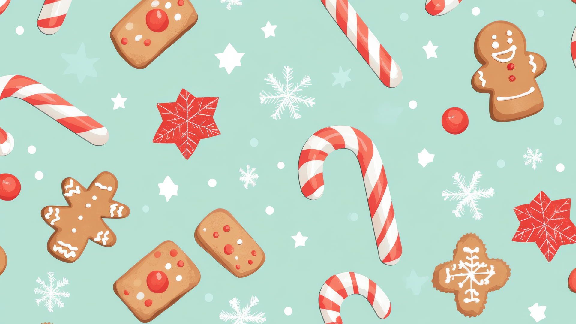 cute Christmas wallpaper preppy with candy canes, gingerbread cookies, and stars on pastel green