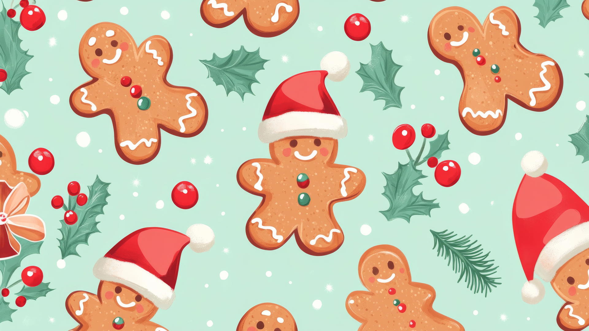 cute Christmas wallpaper preppy with gingerbread cookies, Santa hats, holly berries on pastel mint green